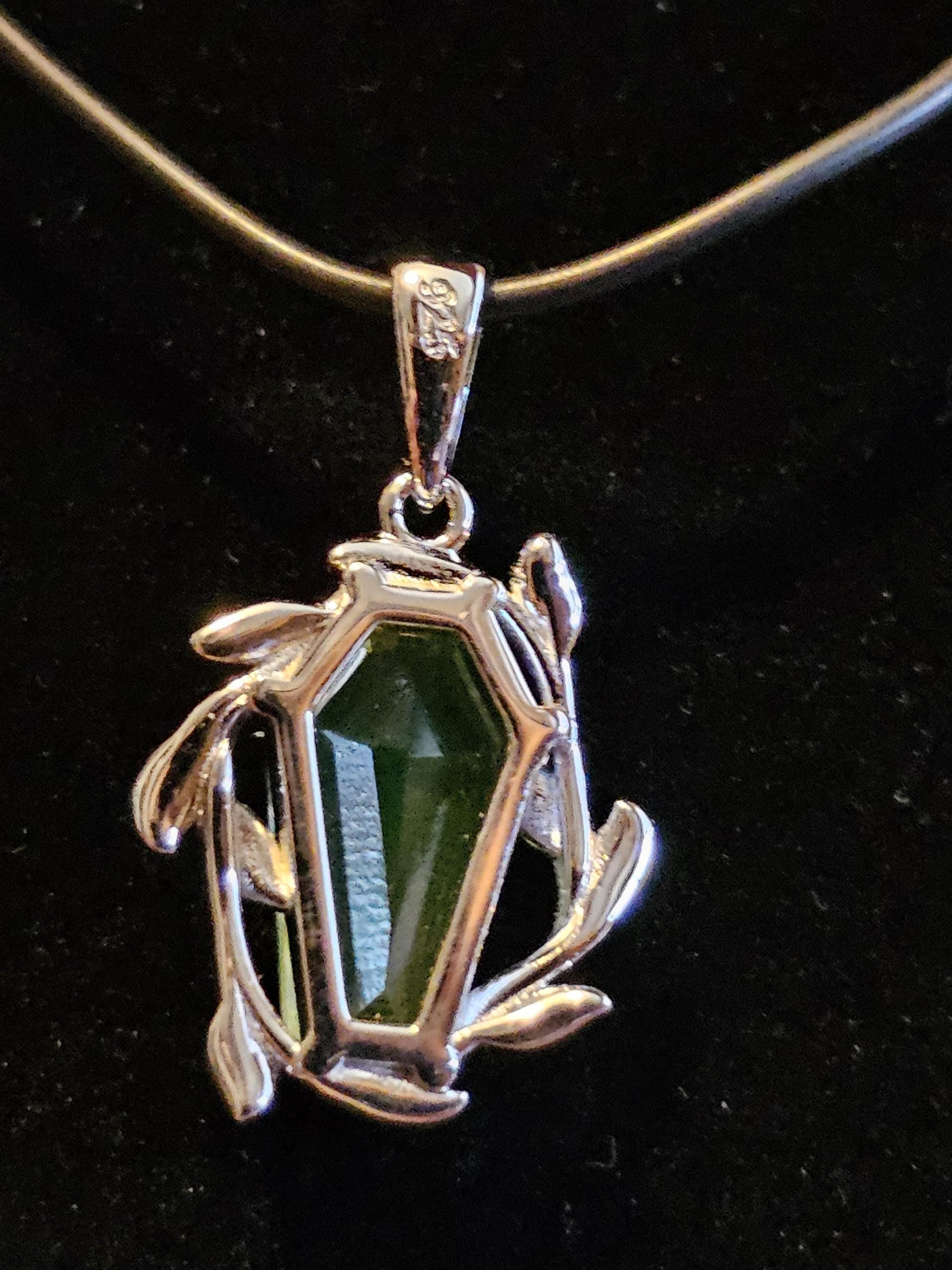 Uranium Glass Coffin cut Pendant in new Sterling Silver with Czech glass 14x8 mm Uranium Glass stone that glows under black / UV light