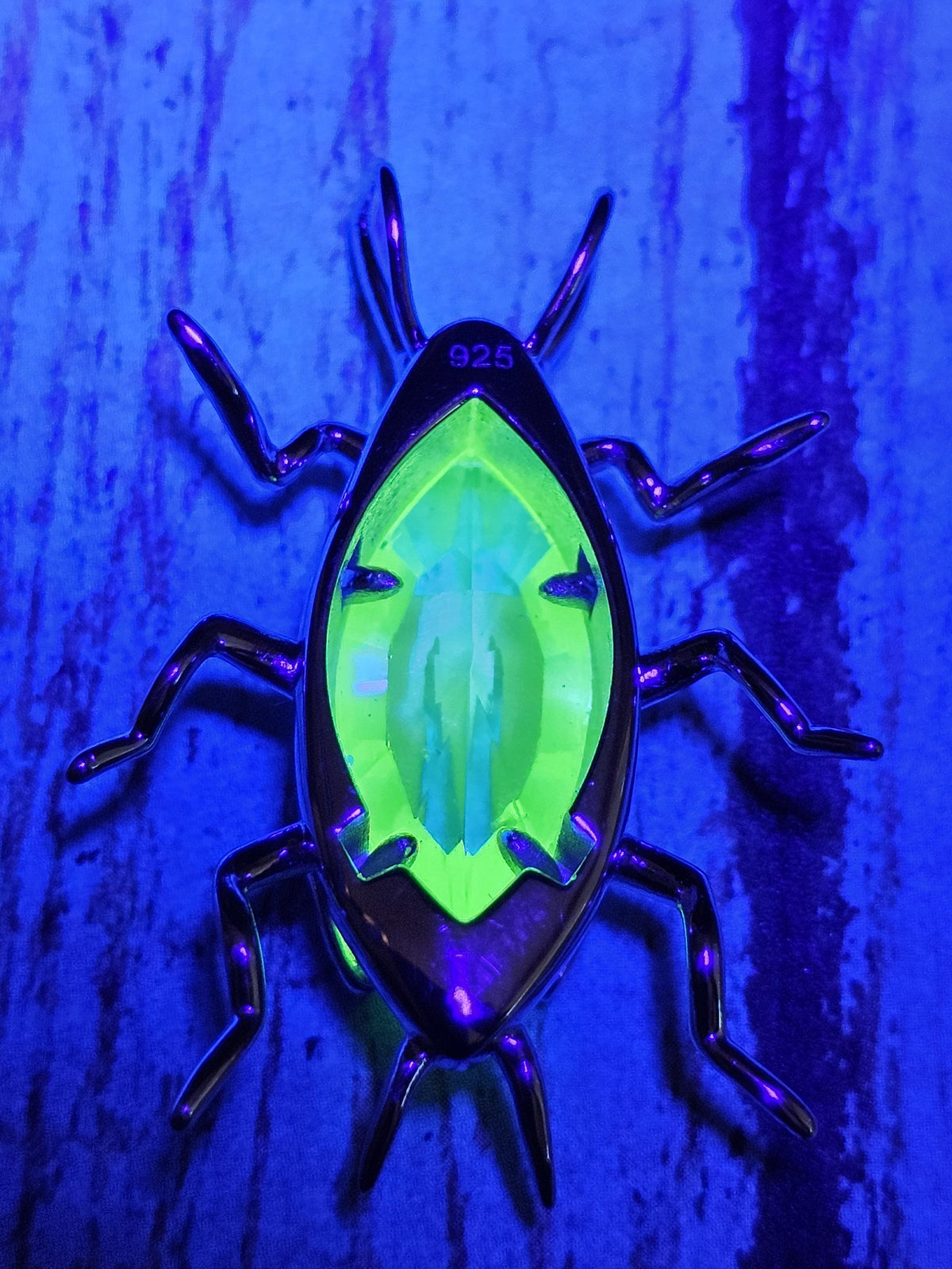 Uranium Glass Pendant new Sterling Silver "Fallout" Radroach design with Vintage Yellow Uranium Glass stone that glows under black/UV light