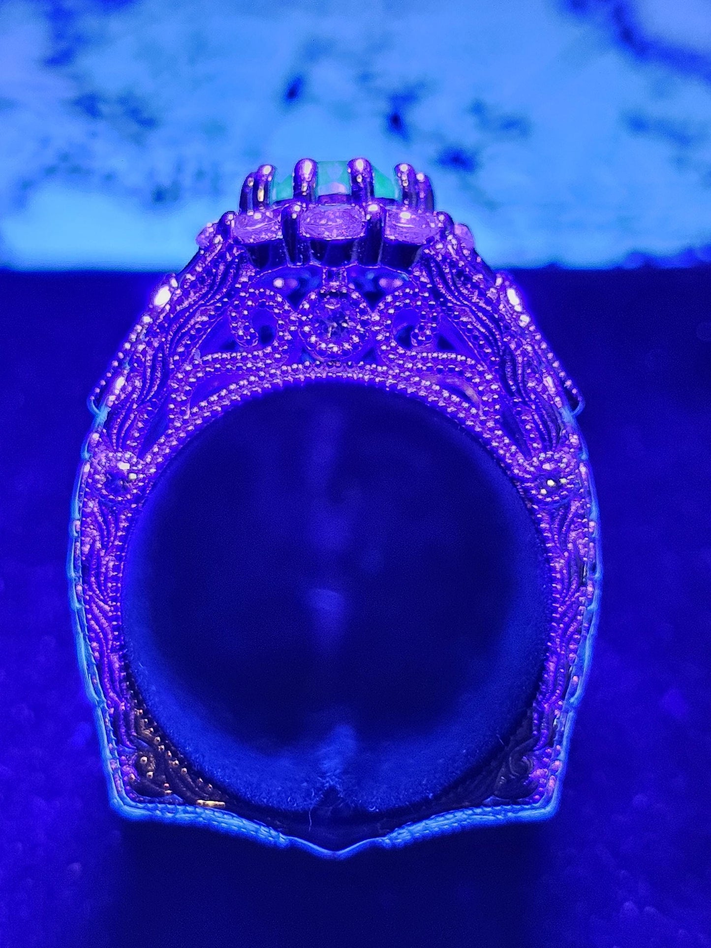 Uranium Glass Round cut Ring Old Euro style new Sterling Silver size 7 vintage rare Blue Uranium glass stone that glows under black/UV light
