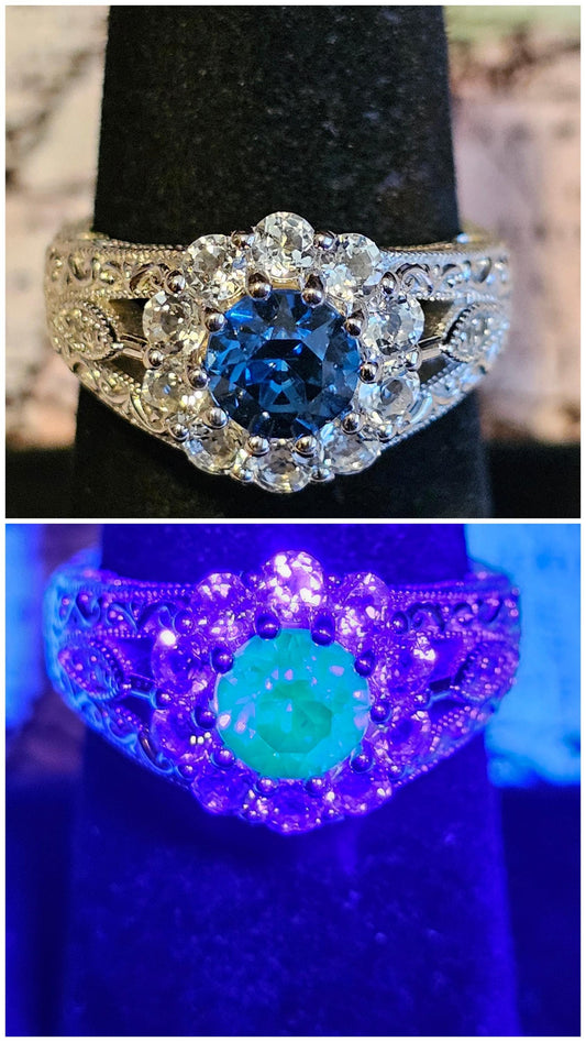 Uranium Glass Round cut Ring Old Euro style new Sterling Silver size 7 vintage rare Blue Uranium glass stone that glows under black/UV light