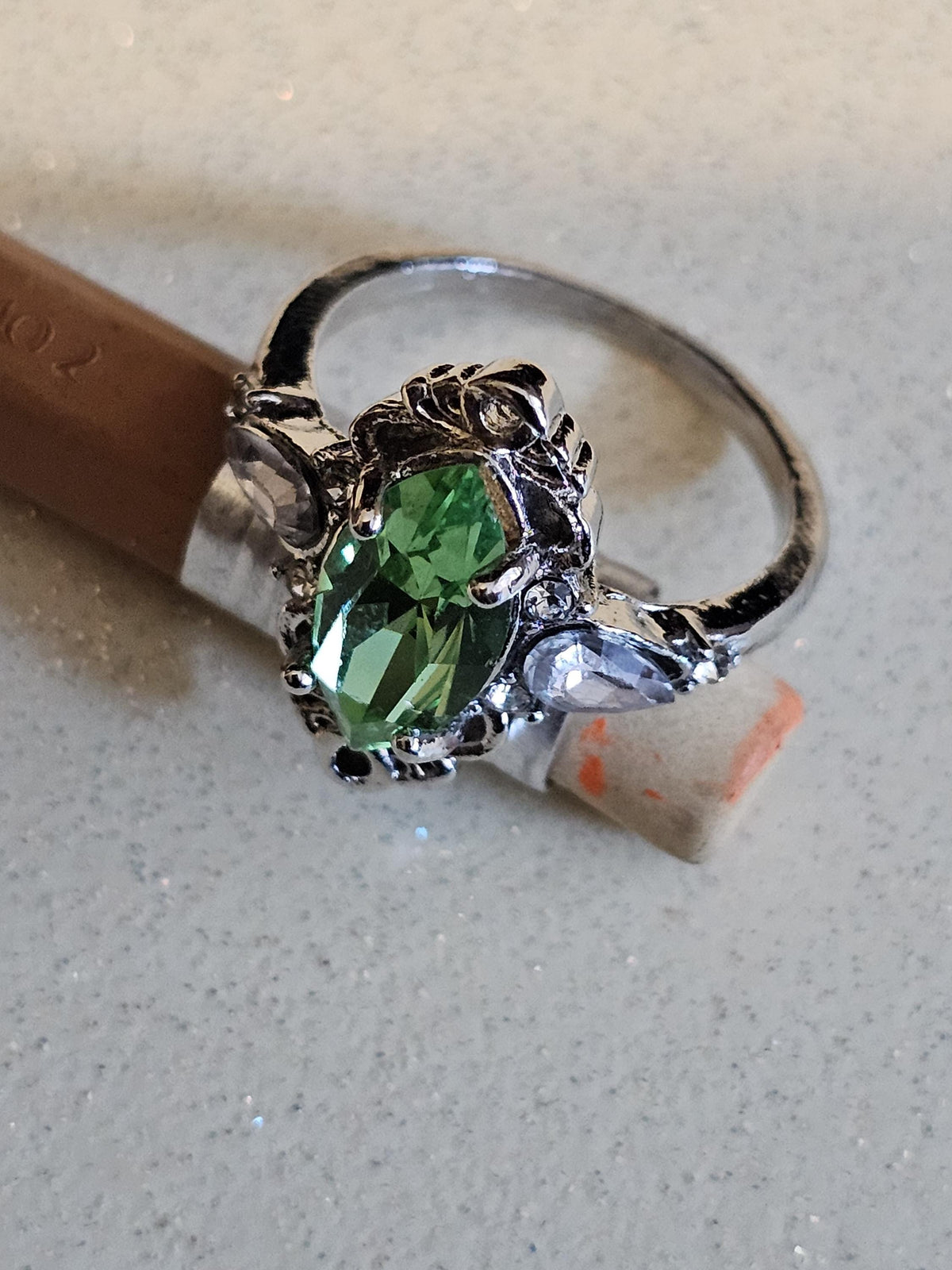 Uranium Glass Marquise cut Ring Size 5 scorpion pattern Sterling Silver with a vintage Uranium glass stone that glows under black/UV light