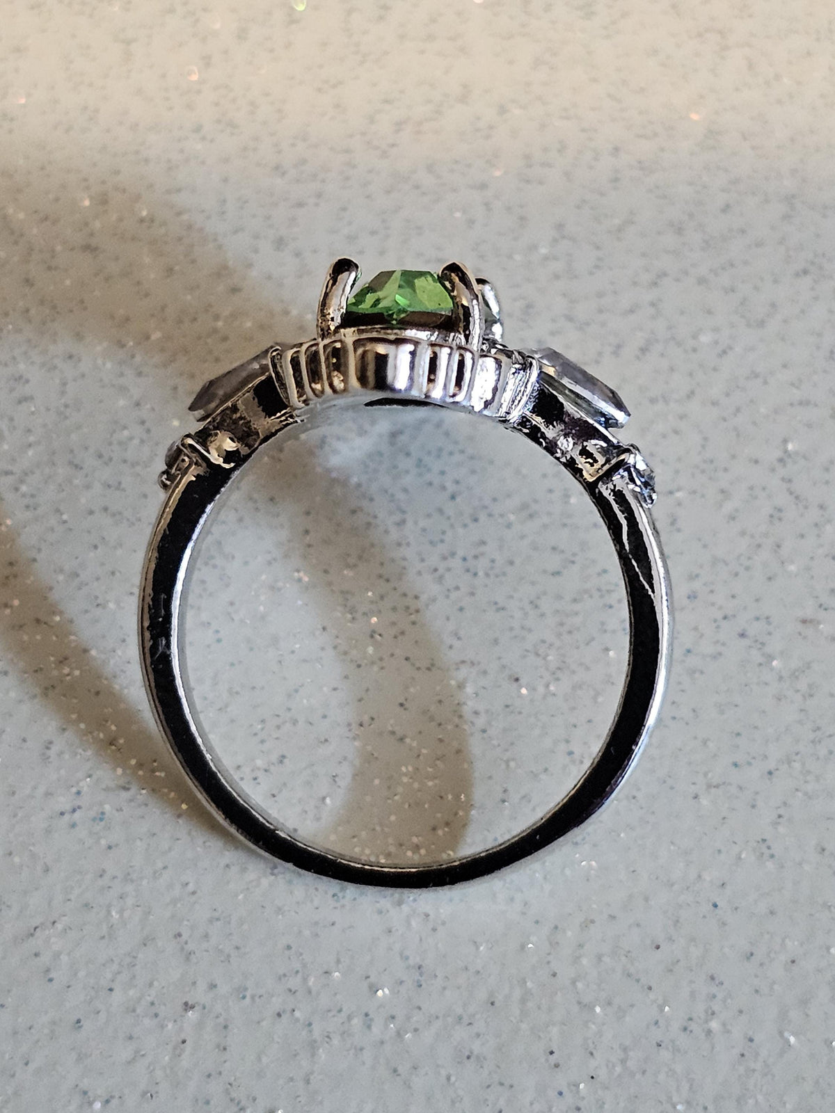 Uranium Glass Marquise cut Ring Size 5 scorpion pattern Sterling Silver with a vintage Uranium glass stone that glows under black/UV light