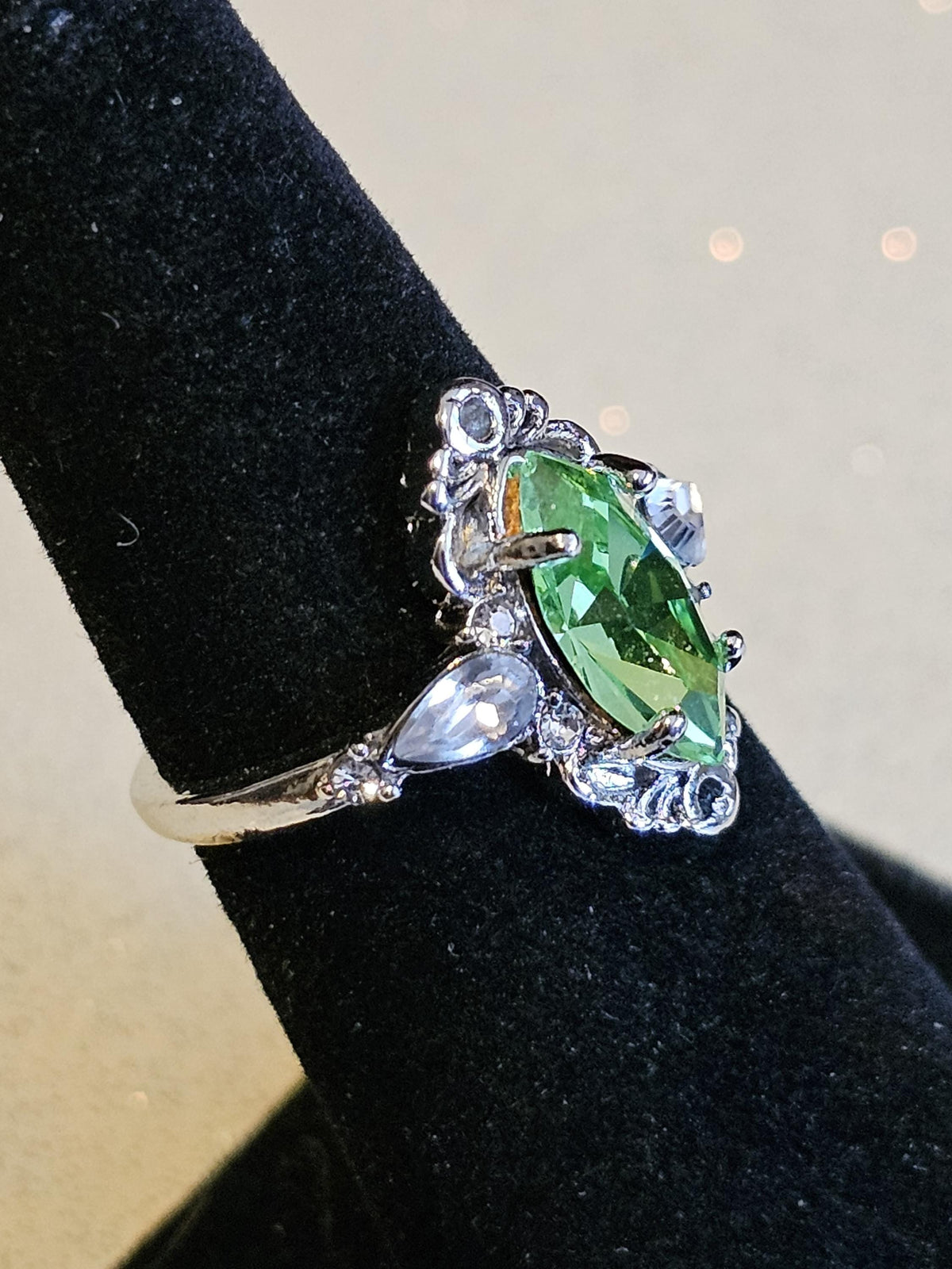 Uranium Glass Marquise cut Ring Size 5 scorpion pattern Sterling Silver with a vintage Uranium glass stone that glows under black/UV light