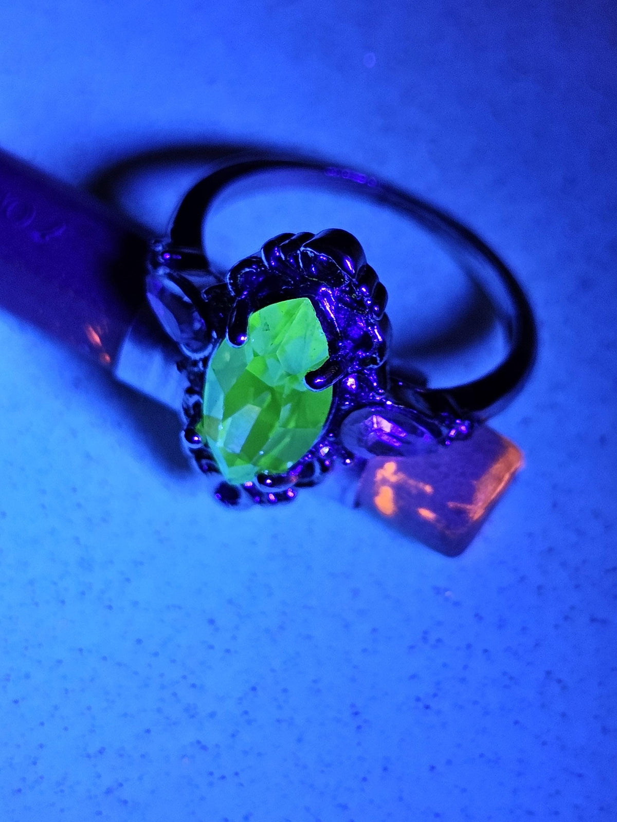 Uranium Glass Marquise cut Ring Size 5 scorpion pattern Sterling Silver with a vintage Uranium glass stone that glows under black/UV light