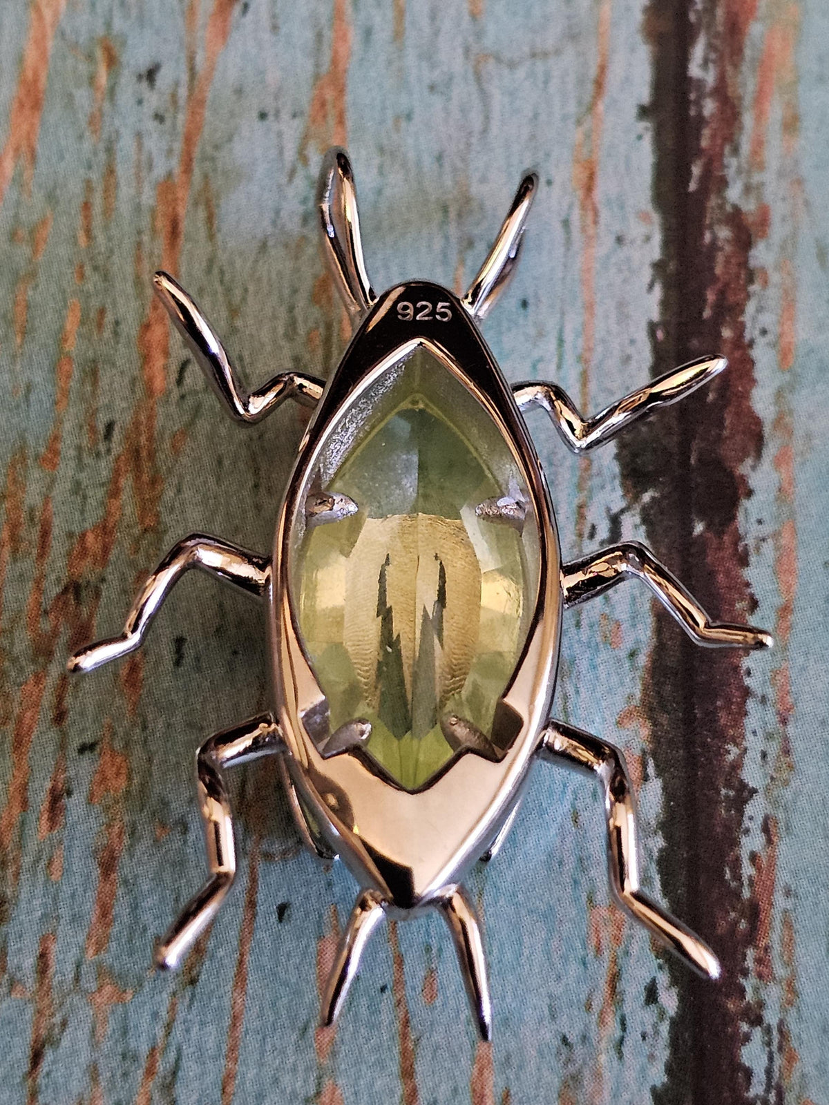 Uranium Glass Pendant new Sterling Silver "Fallout" Radroach design with Vintage Yellow Uranium Glass stone that glows under black/UV light