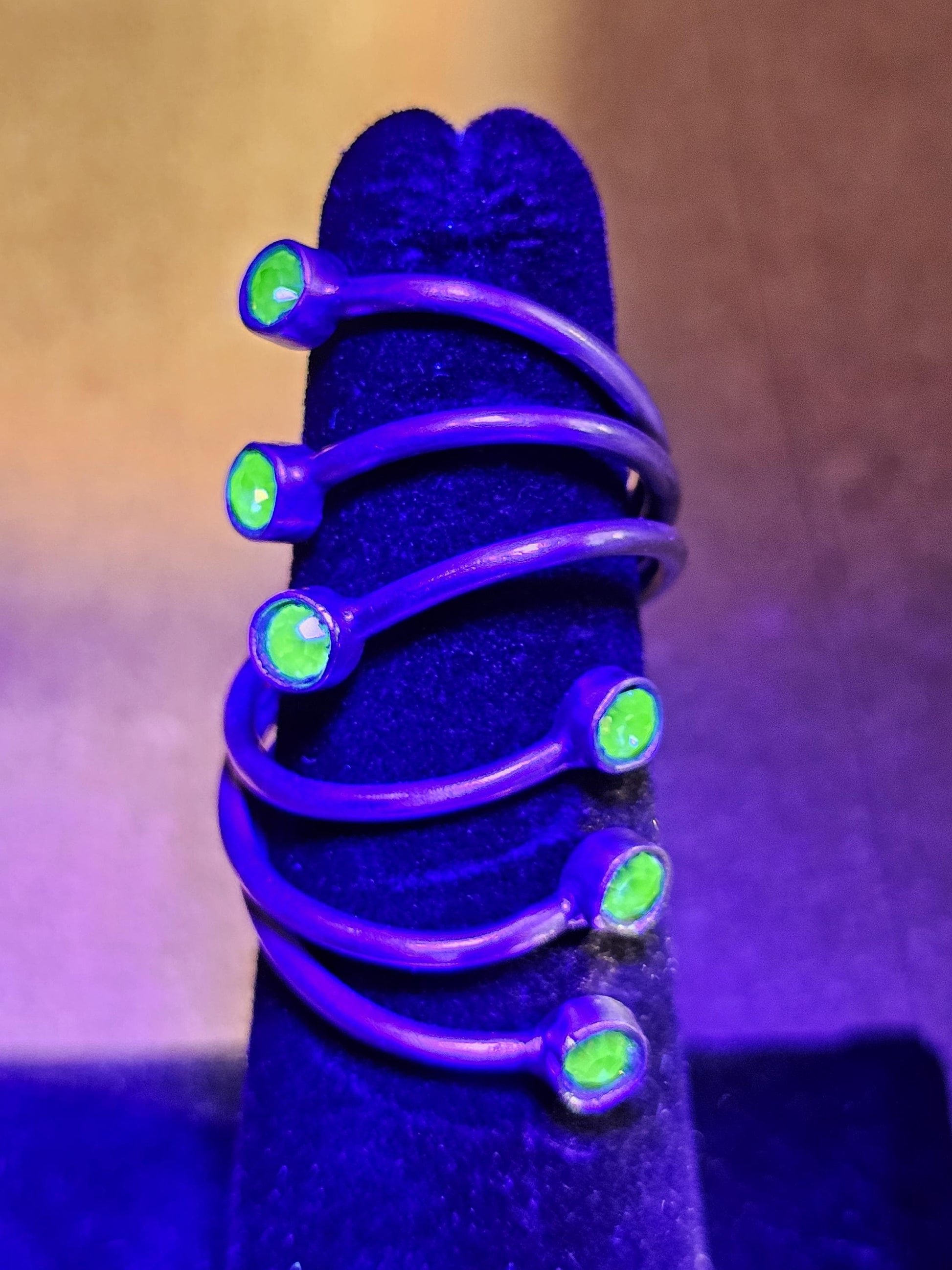 Uranium Glass Adjustable Ring new handcrafted Sterling Silver with six vintage 3 mm Uranium glass stones glow under black / UV light