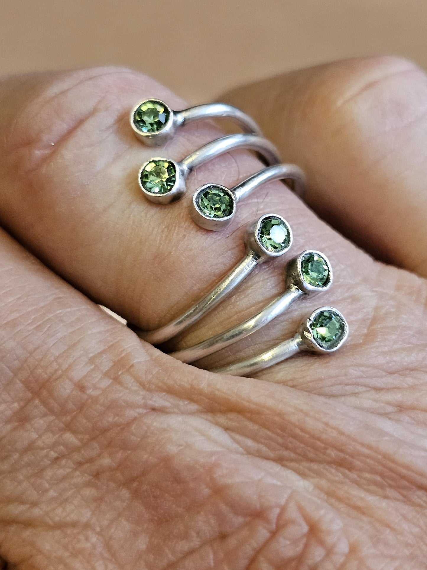 Uranium Glass Adjustable Ring new handcrafted Sterling Silver with six vintage 3 mm Uranium glass stones glow under black / UV light