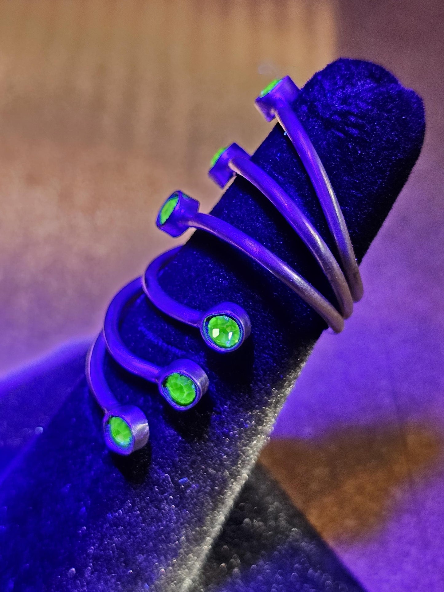 Uranium Glass Adjustable Ring new handcrafted Sterling Silver with six vintage 3 mm Uranium glass stones glow under black / UV light