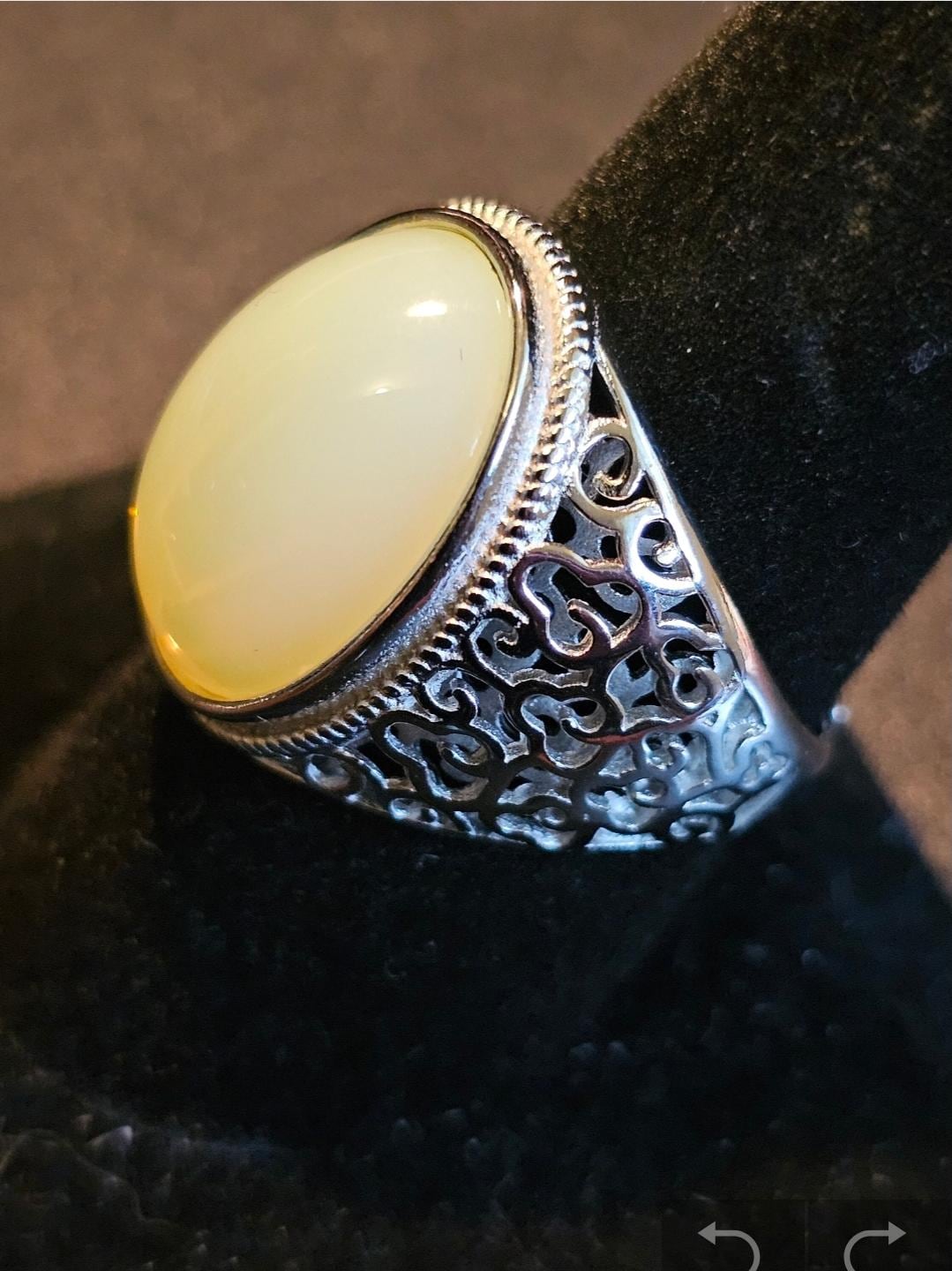 Uranium Glass Men's Ring Adjustable with 25x18mm vintage Uranium glass Cabochon cut Opal/Green colored stone that glows under black/UV light