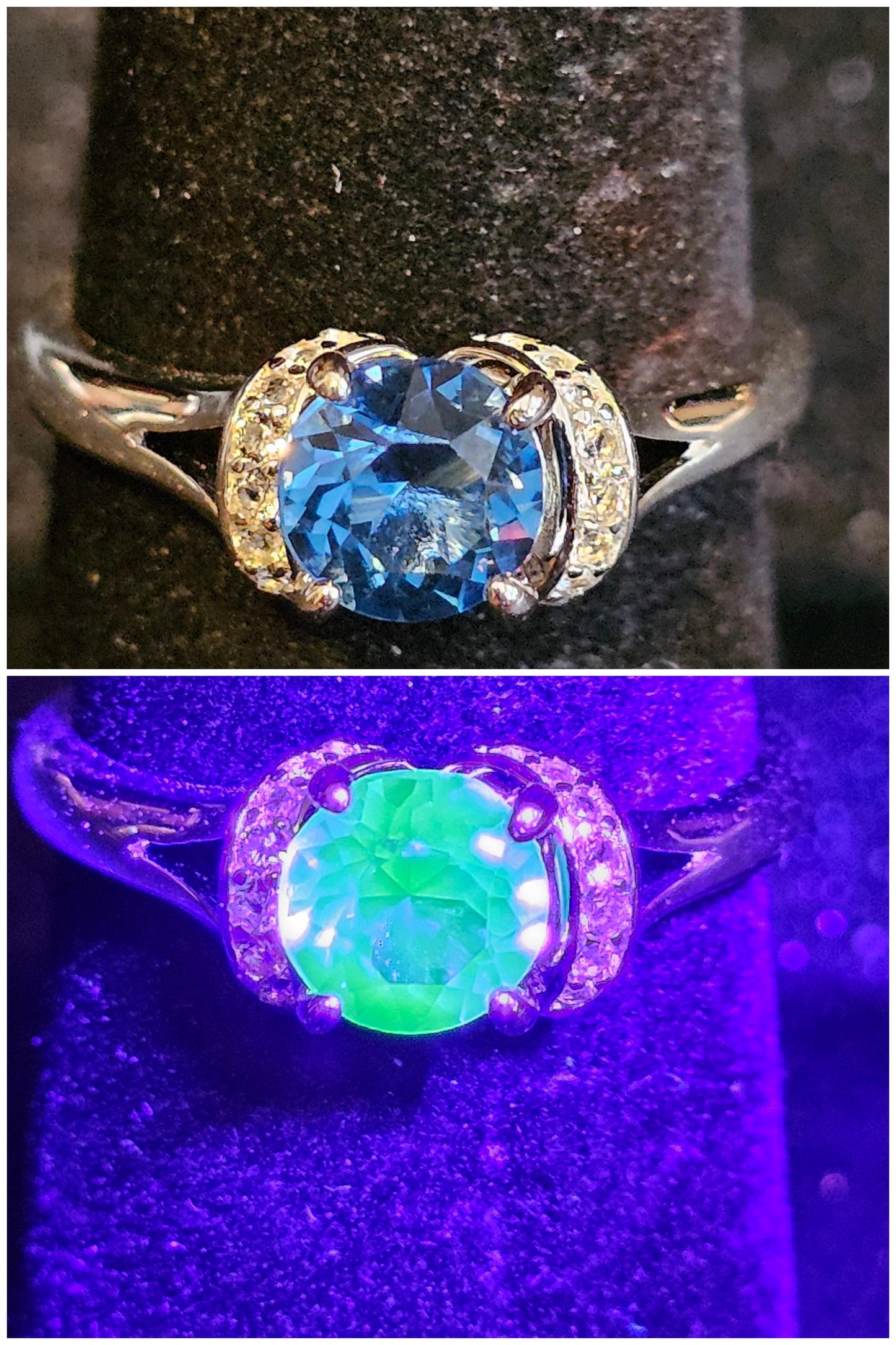 Uranium Glass Round cut Ring half Halo style new Sterling Silver sz. 7 vintage rare Blue Uranium glass stone that glows under black/UV light