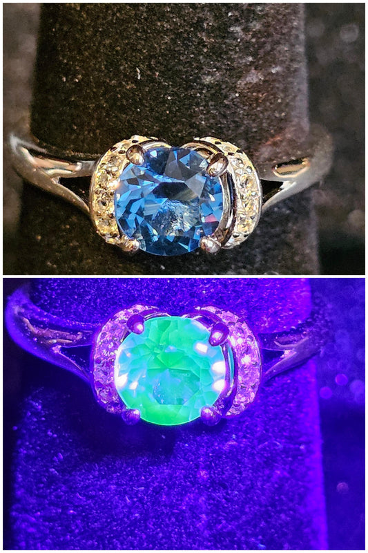 Uranium Glass Round cut Ring half Halo style new Sterling Silver sz. 7 vintage rare Blue Uranium glass stone that glows under black/UV light