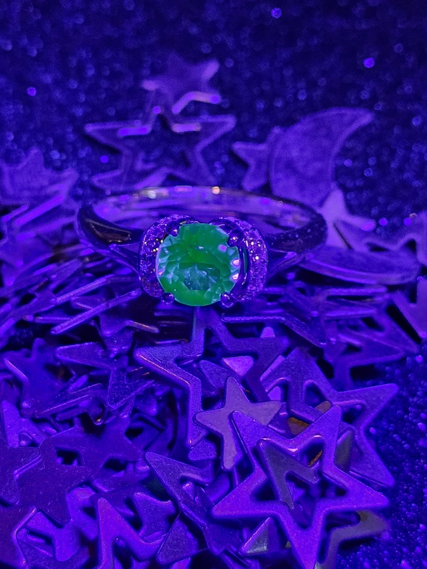 Uranium Glass Round cut Ring half Halo style new Sterling Silver sz. 7 vintage rare Blue Uranium glass stone that glows under black/UV light