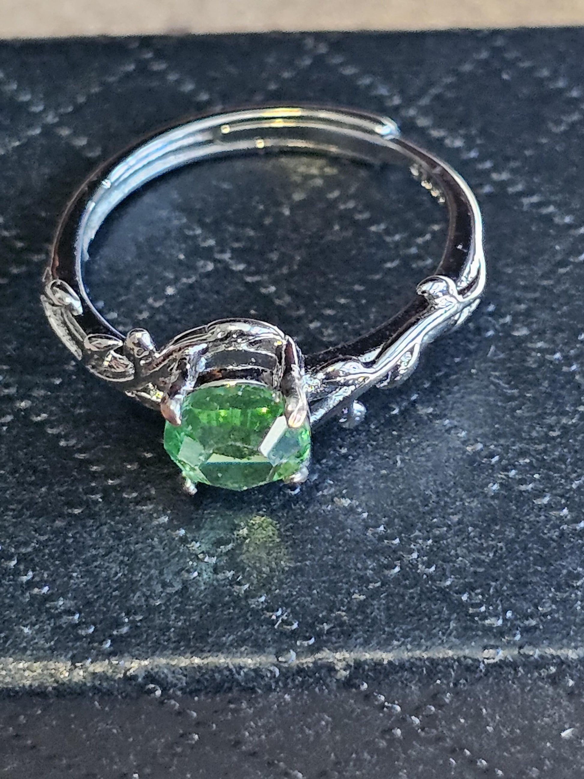 Uranium Glass Adjustable Ring new Sterling Silver Round cut 6 mm gree colored vintage Uranium glass stone that glows under black / UV light