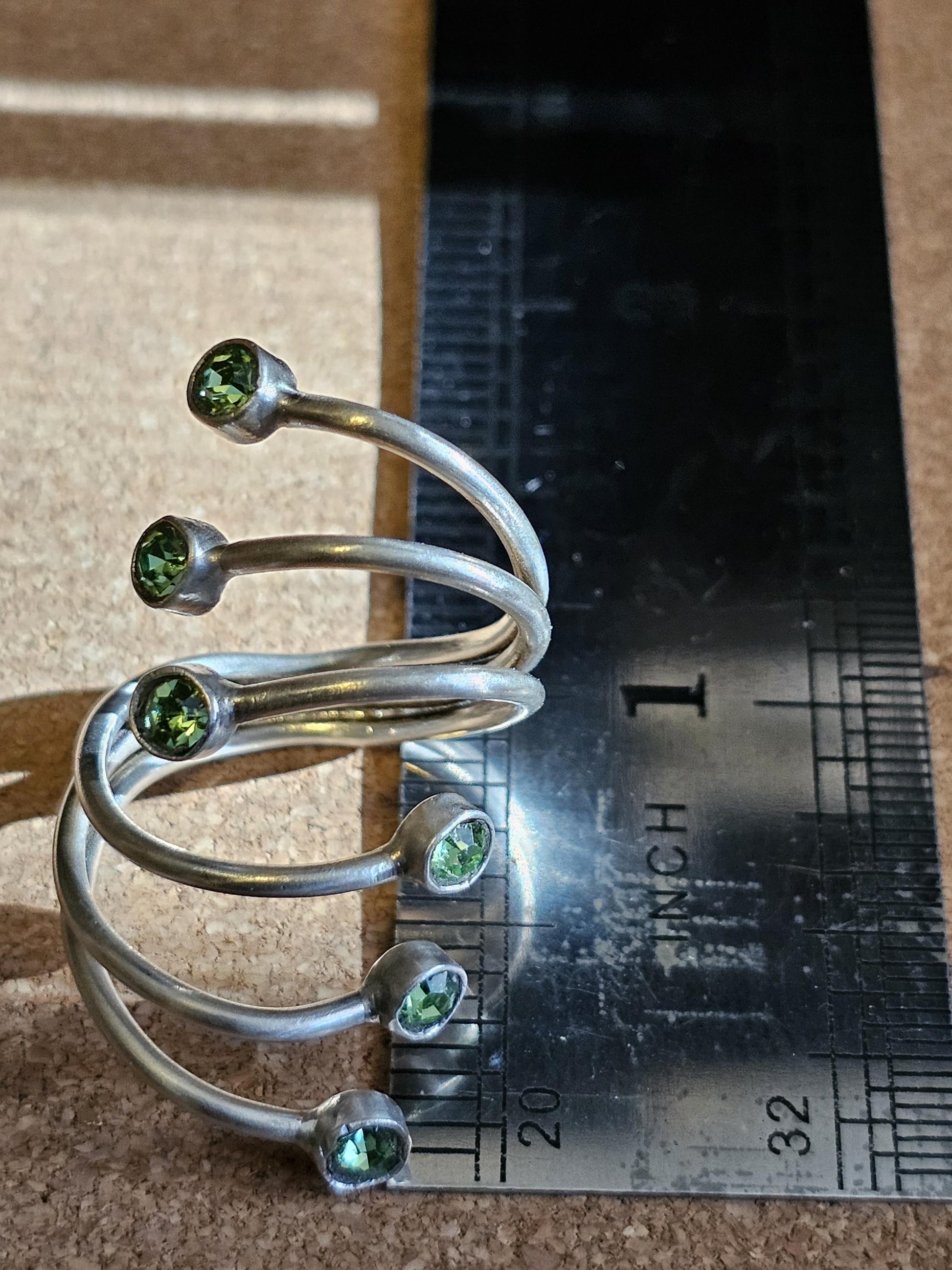 Uranium Glass Adjustable Ring new handcrafted Sterling Silver with six vintage 3 mm Uranium glass stones glow under black / UV light