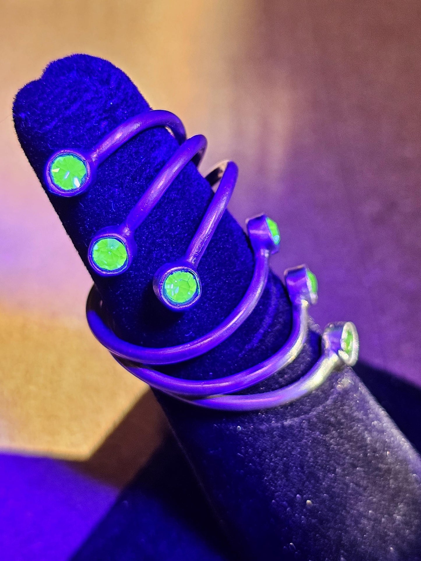 Uranium Glass Adjustable Ring new handcrafted Sterling Silver with six vintage 3 mm Uranium glass stones glow under black / UV light