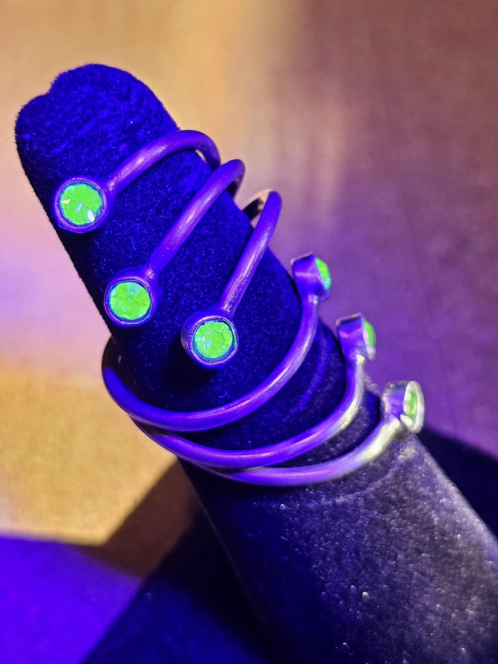 Uranium Glass Adjustable Ring new handcrafted Sterling Silver with six vintage 3 mm Uranium glass stones glow under black / UV light