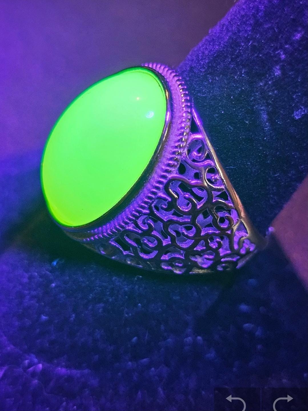 Uranium Glass Men's Ring Adjustable with 25x18mm vintage Uranium glass Cabochon cut Opal/Green colored stone that glows under black/UV light