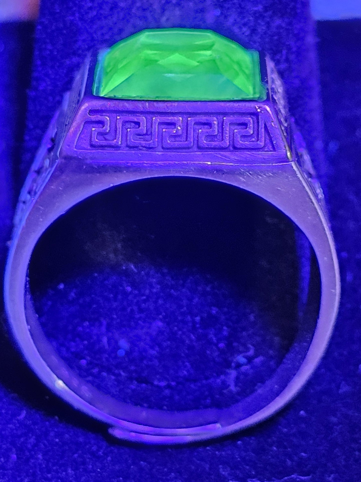 Uranium Glass Men's Ring new Sterling Silver Adjustable with 10x10 mm vintage Uranium glass Square cut stone glows under black / UV light