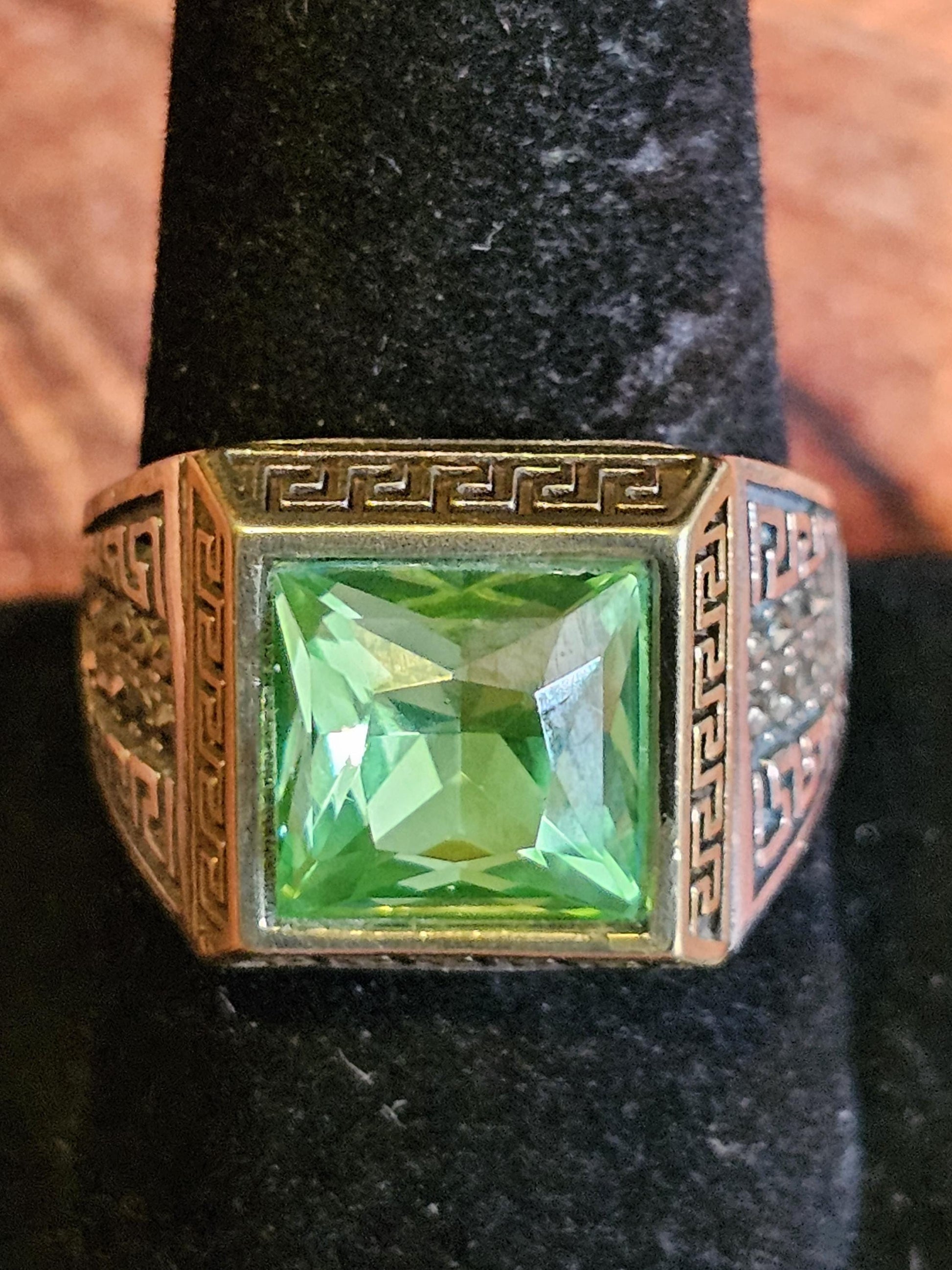 Uranium Glass Men's Ring new Sterling Silver Adjustable with 10x10 mm vintage Uranium glass Square cut stone glows under black / UV light