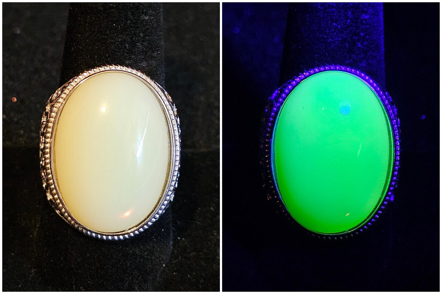 Uranium Glass Men's Ring Adjustable with 25x18mm vintage Uranium glass Cabochon cut Opal/Green colored stone that glows under black/UV light