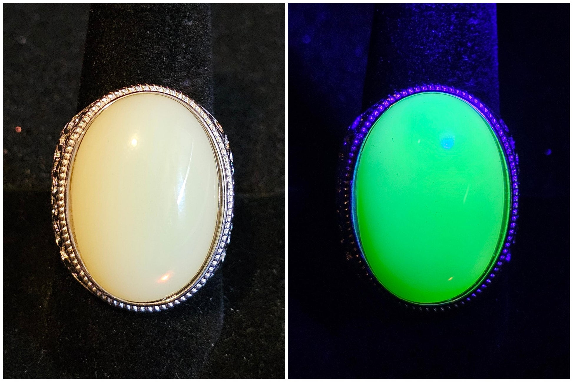 Uranium Glass Men's Ring Adjustable with 25x18mm vintage Uranium glass Cabochon cut Opal/Green colored stone that glows under black/UV light