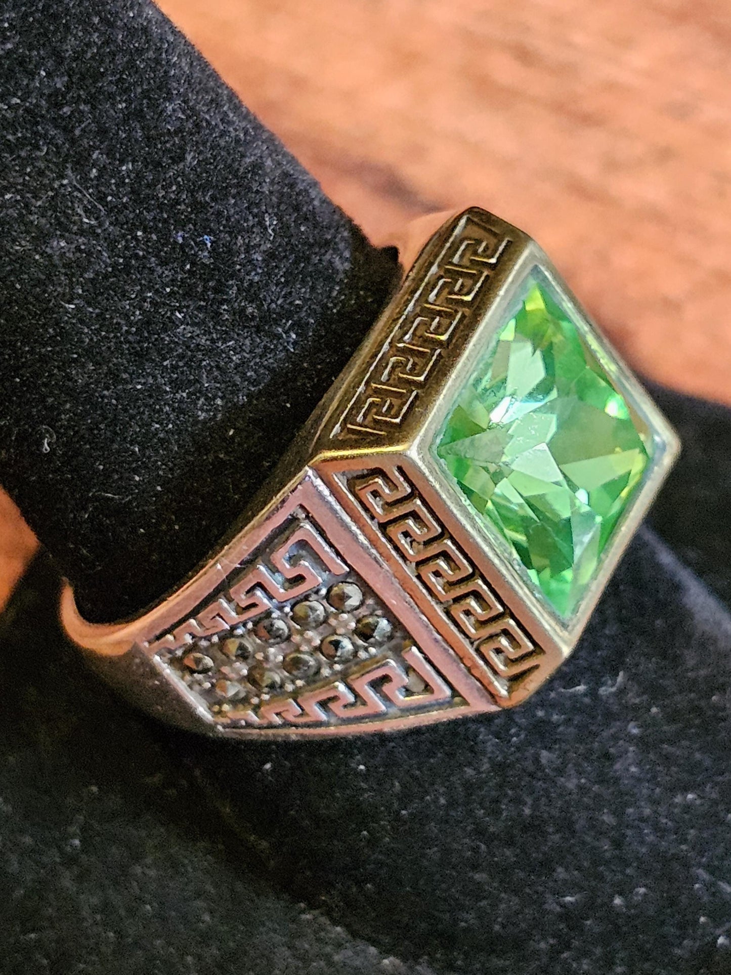 Uranium Glass Men's Ring new Sterling Silver Adjustable with 10x10 mm vintage Uranium glass Square cut stone glows under black / UV light