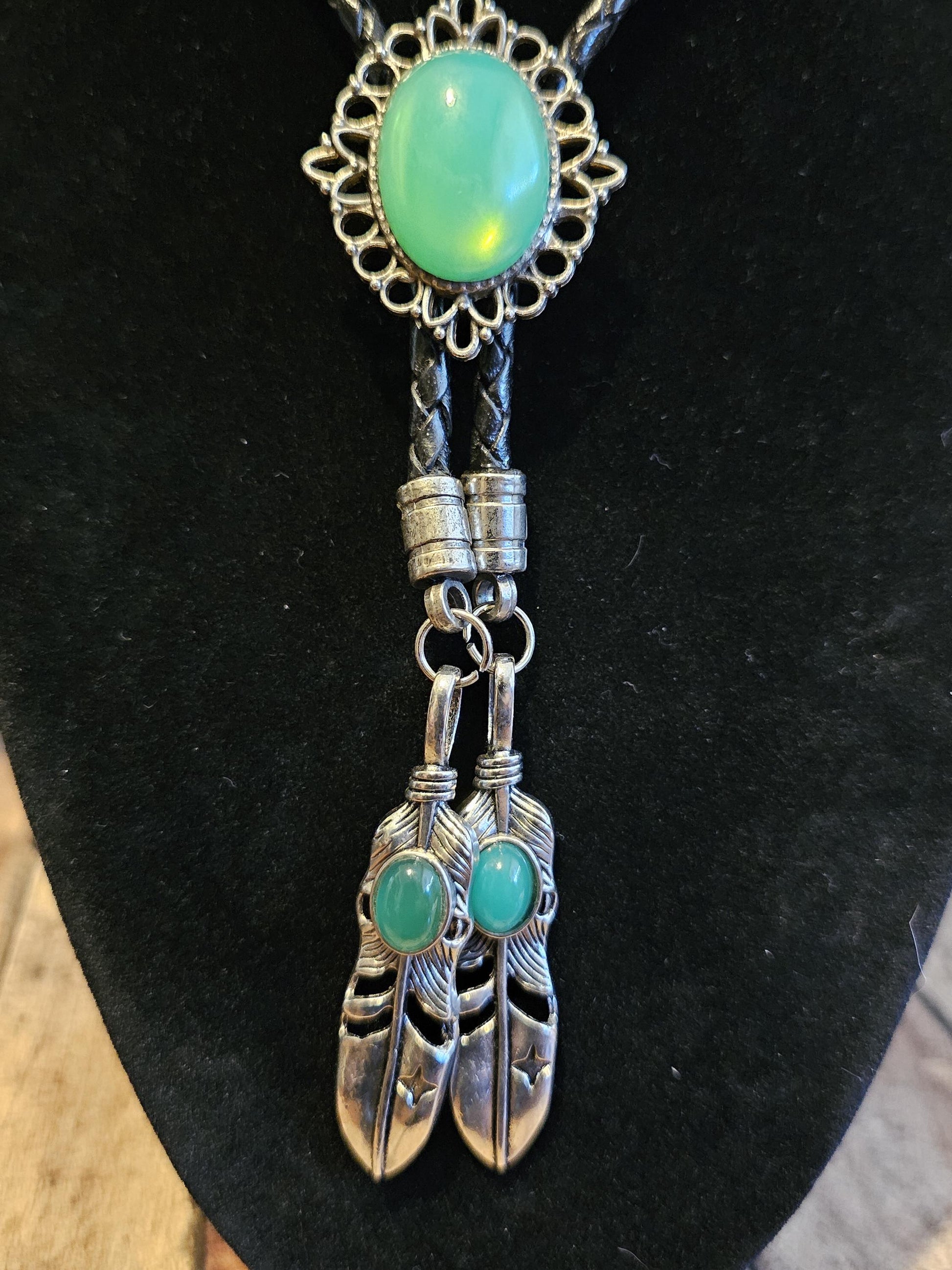 Uranium Glass Bolo Tie, Leather cord, 2 tip choices vintage White/Yellowish 25x18 mm Uranium Glass stone that glow under black/UV light