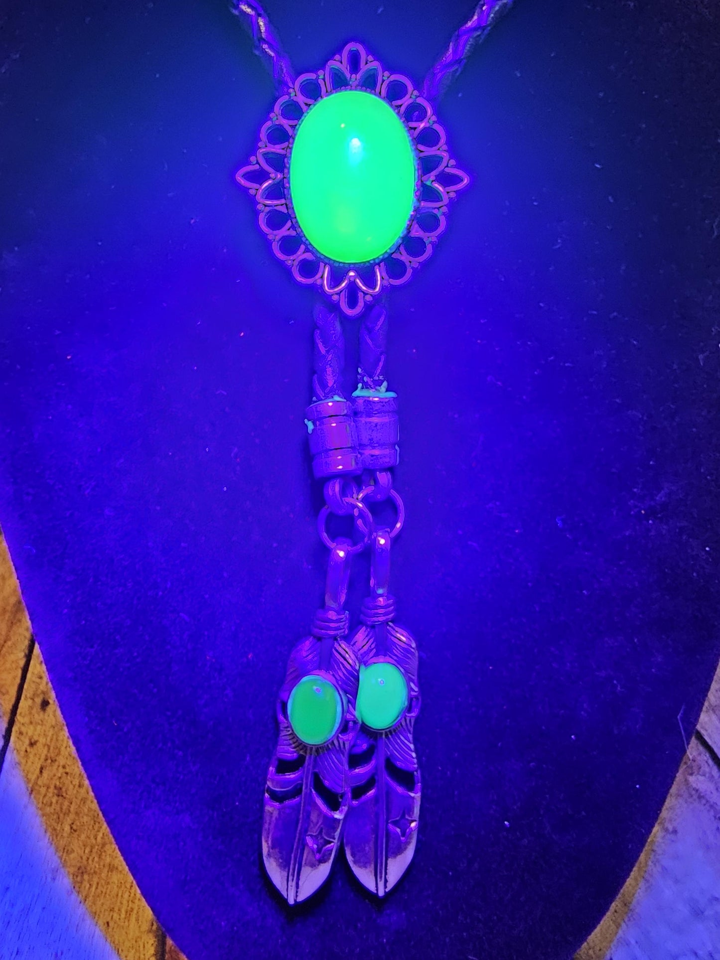 Uranium Glass Bolo Tie, Leather cord, 2 tip choices vintage White/Yellowish 25x18 mm Uranium Glass stone that glow under black/UV light