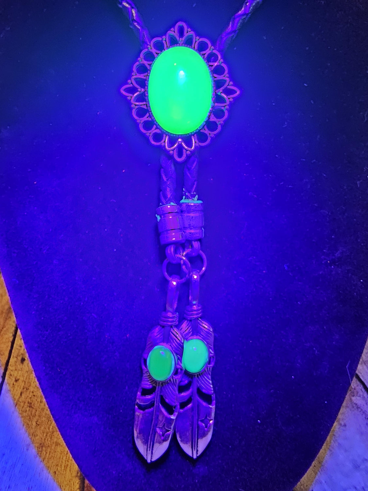 Uranium Glass Bolo Tie, Leather cord, 2 tip choices vintage White/Yellowish 25x18 mm Uranium Glass stone that glow under black/UV light