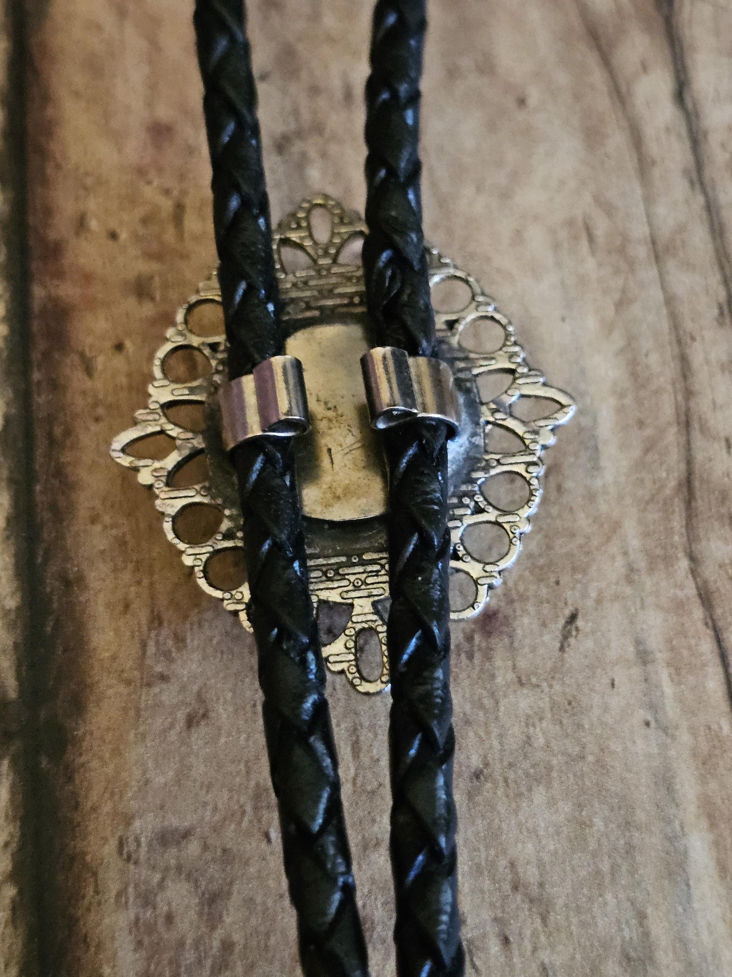 Uranium Glass Bolo Tie, Leather cord, 2 tip choices vintage White/Yellowish 25x18 mm Uranium Glass stone that glow under black/UV light