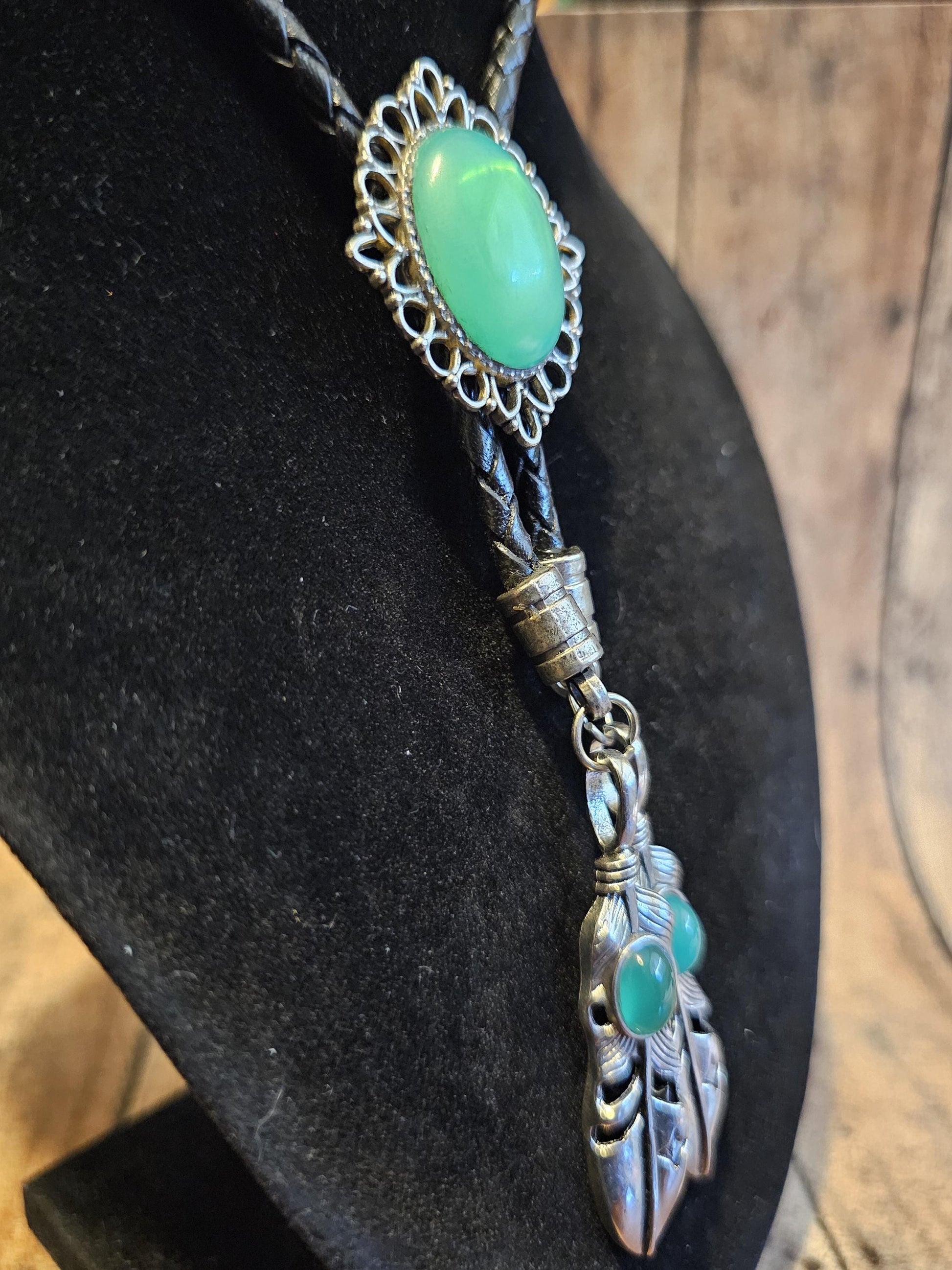 Uranium Glass Bolo Tie, Leather cord, 2 tip choices vintage White/Yellowish 25x18 mm Uranium Glass stone that glow under black/UV light