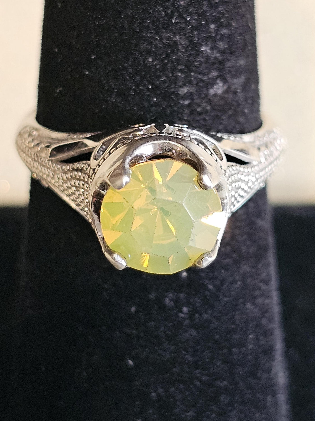 Uranium Glass Round cut Ring vintage style new Sterling Silver size 7 vintage Yellow Uranium glass stone that glows under black / UV light
