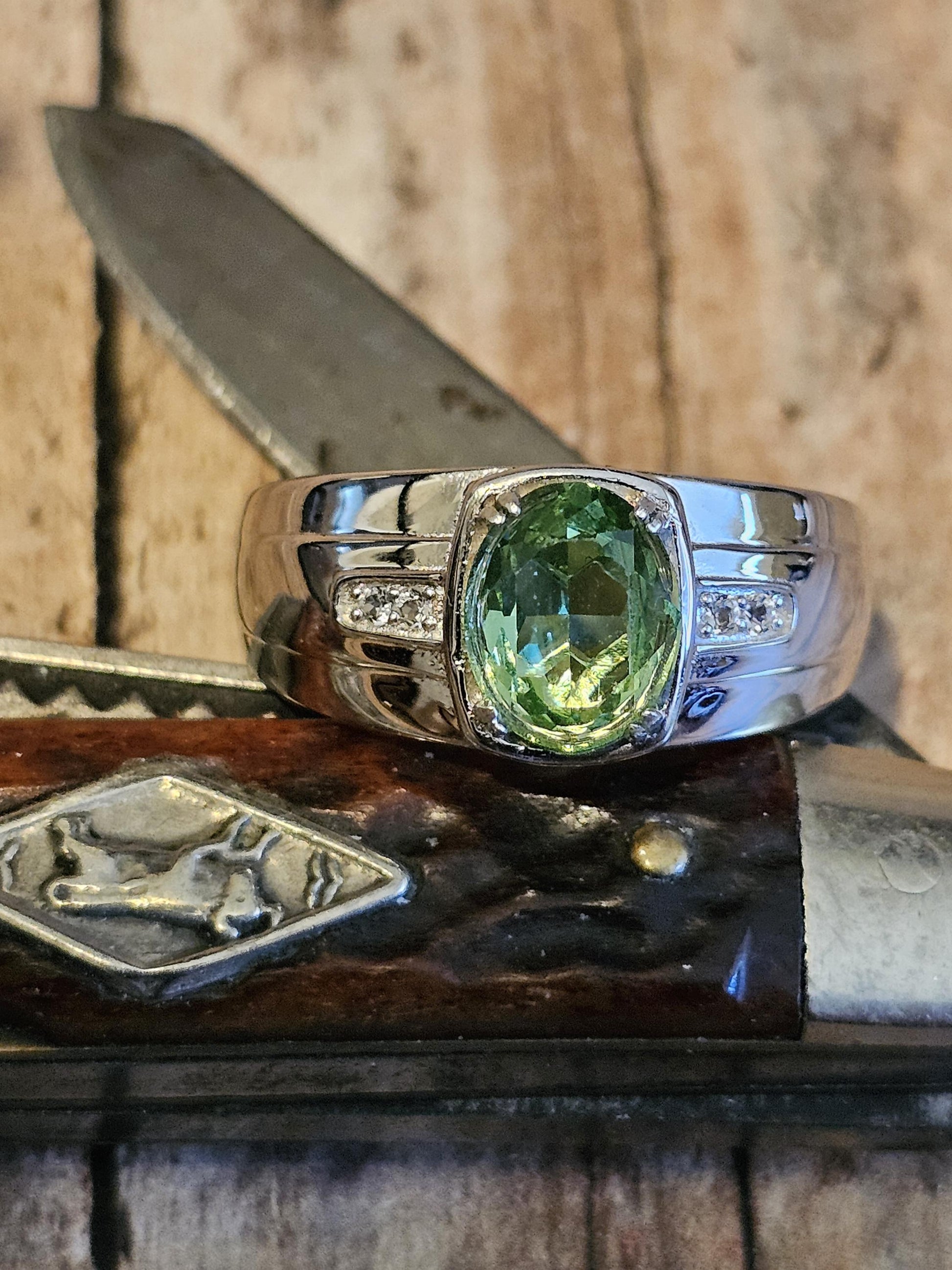 Uranium Glass Men's Ring size 13 new Sterling Silver with a vintage Oval cut Uranium glass stone that glows under black/UV light