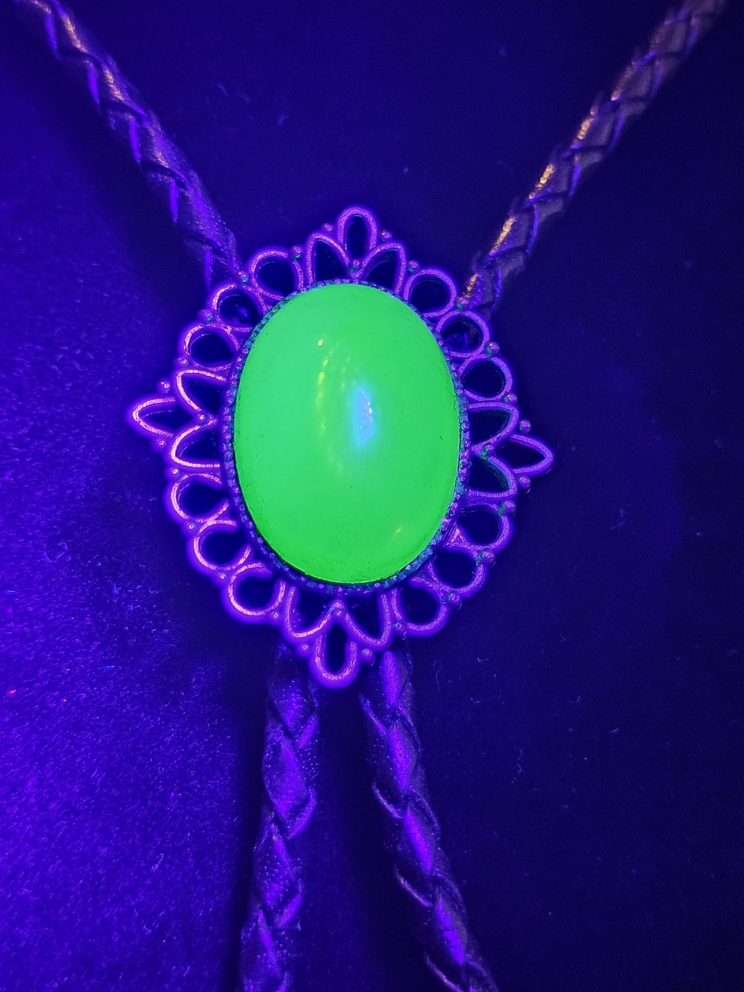 Uranium Glass Bolo Tie, Leather cord, 2 tip choices vintage White/Yellowish 25x18 mm Uranium Glass stone that glow under black/UV light