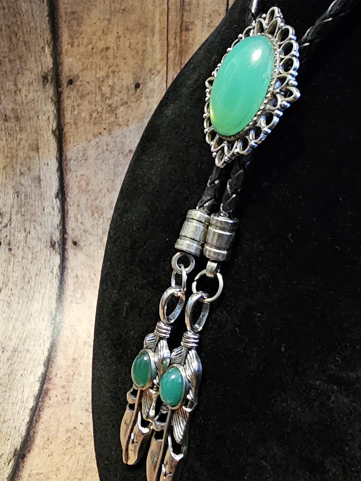 Uranium Glass Bolo Tie, Leather cord, 2 tip choices vintage White/Yellowish 25x18 mm Uranium Glass stone that glow under black/UV light