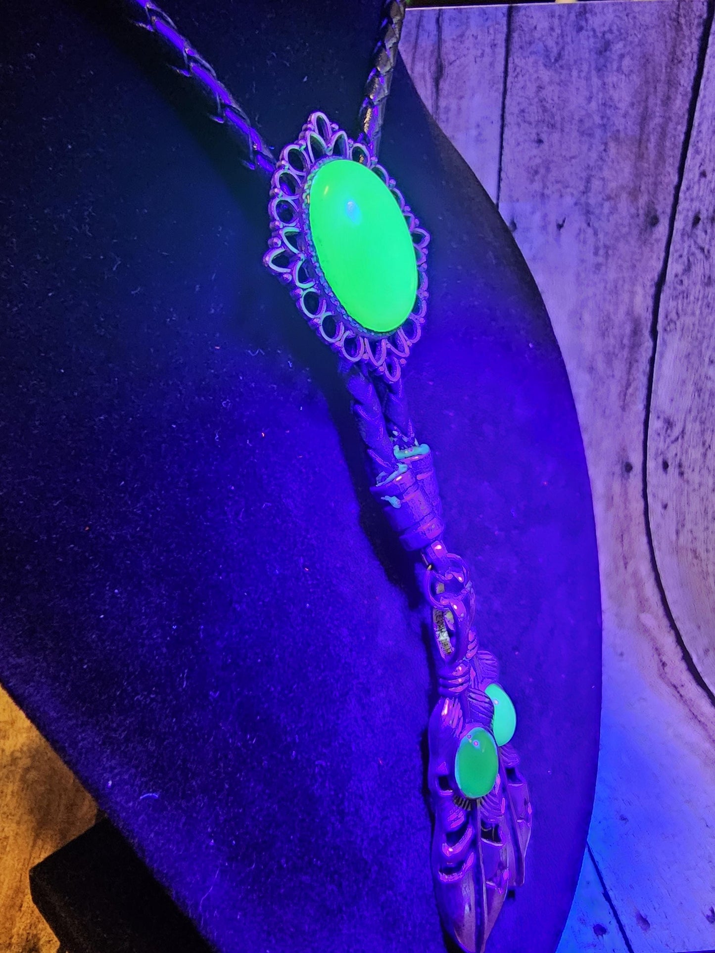 Uranium Glass Bolo Tie, Leather cord, 2 tip choices vintage White/Yellowish 25x18 mm Uranium Glass stone that glow under black/UV light