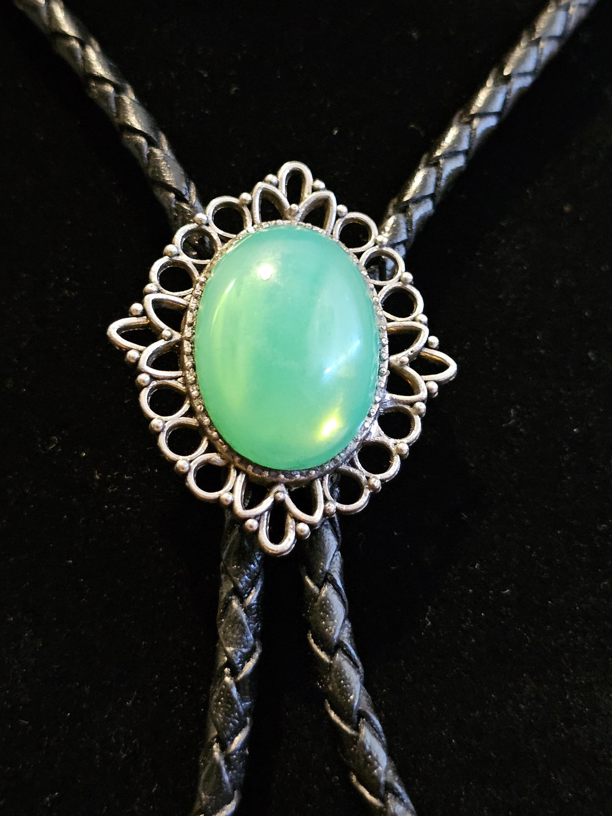 Uranium Glass Bolo Tie, Leather cord, 2 tip choices vintage White/Yellowish 25x18 mm Uranium Glass stone that glow under black/UV light