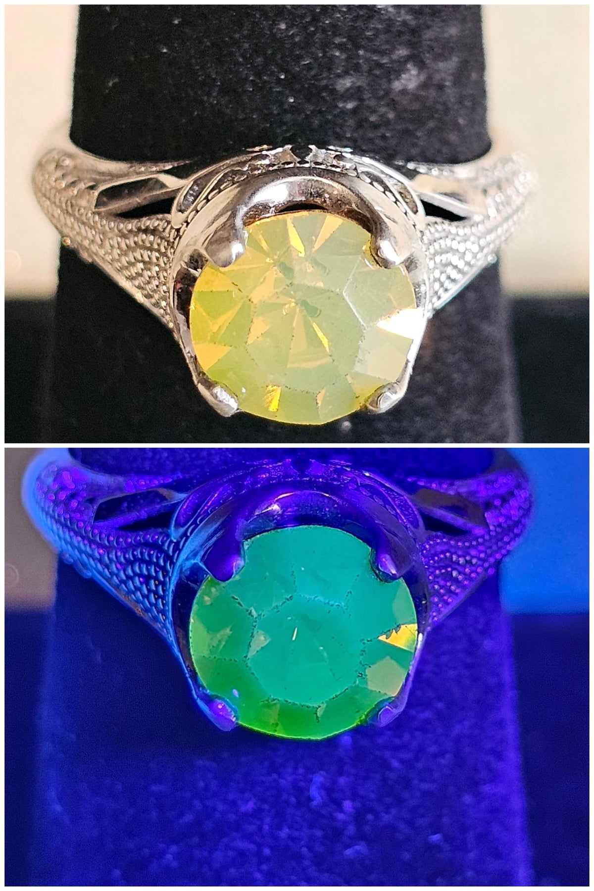 Uranium Glass Round cut Ring vintage style new Sterling Silver size 7 vintage Yellow Uranium glass stone that glows under black / UV light