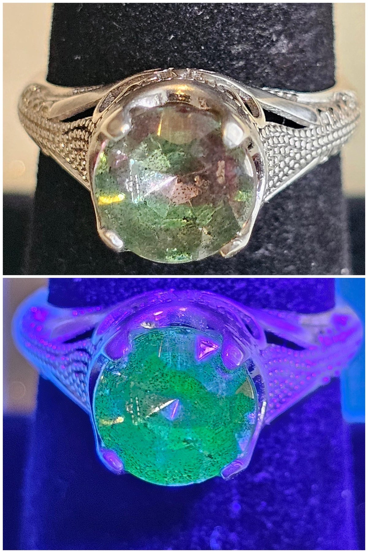 Uranium Glass Round cut Ring vintage style new Sterling Silver size 7 vintage Green/Pink Uranium glass stone that glows under black/UV light