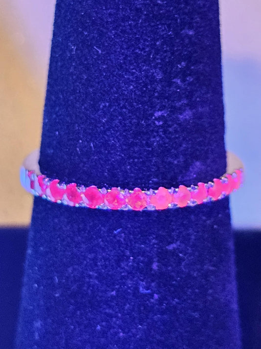 Natural Ruby Ring size 6, 7, 8, and 9 in New Sterling Silver Half Eternity style 2 mm Round cut stones that glow Pink under Black/UV light