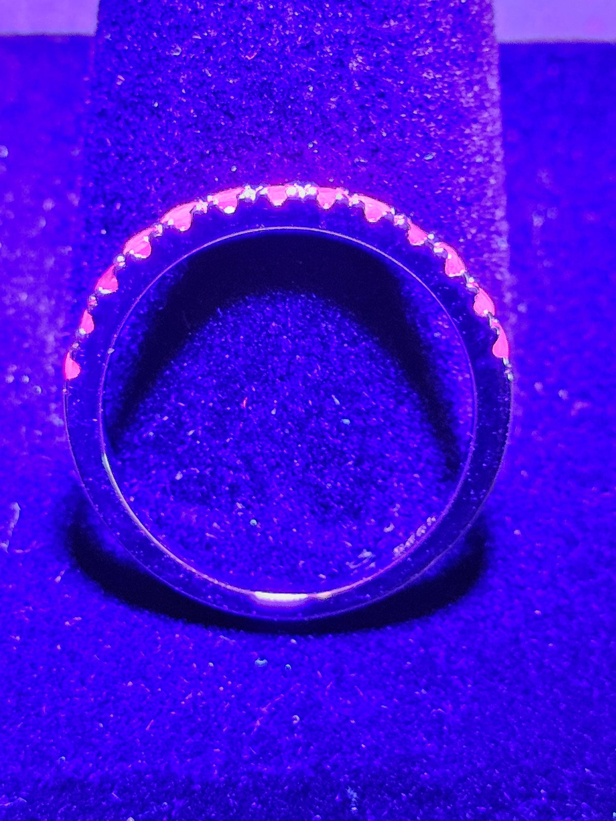 Natural Ruby Ring size 6, 7, 8, and 9 in New Sterling Silver Half Eternity style 1.7 mm Round cut stones that glow Pink under Black/UV light