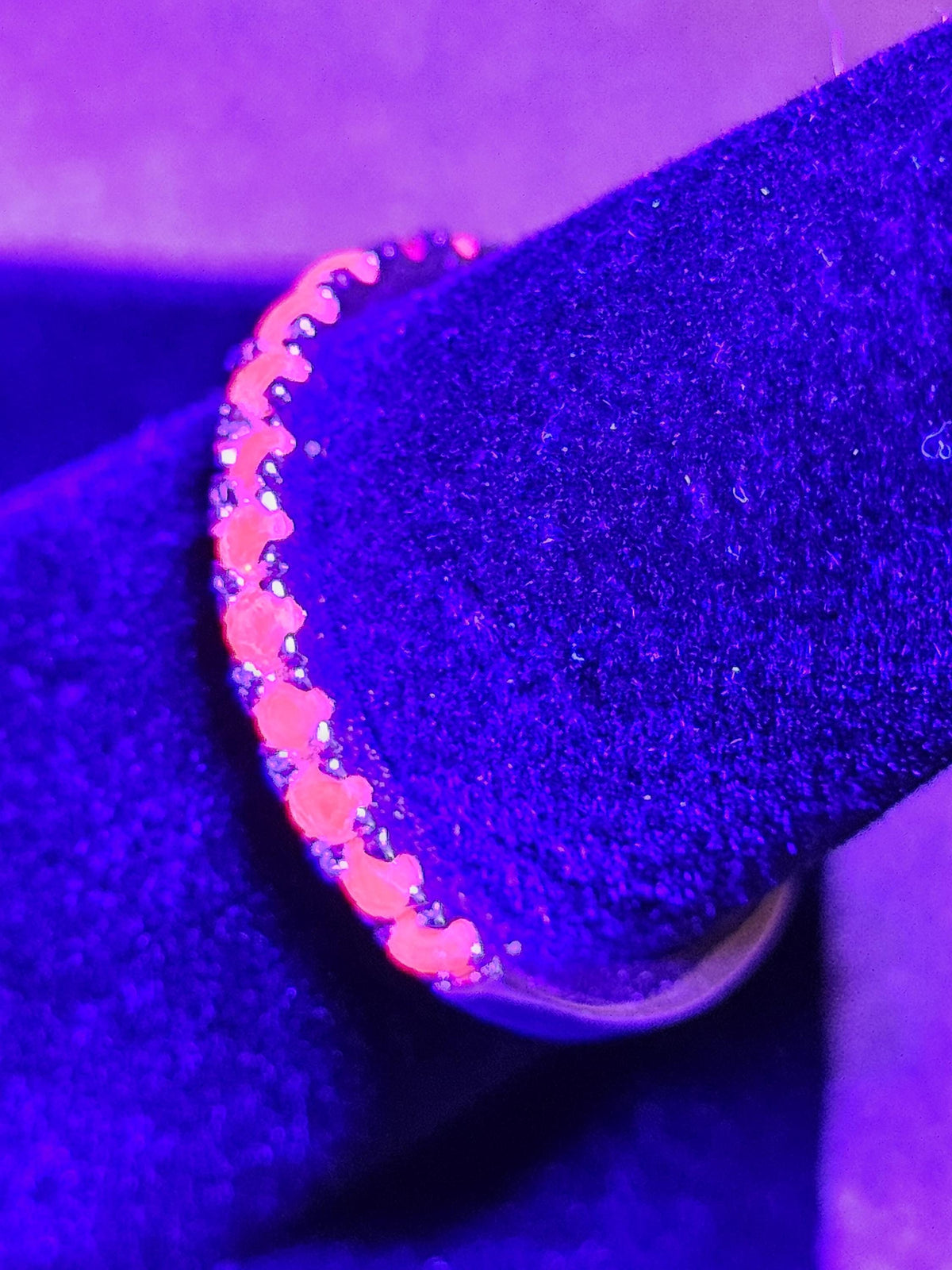 Natural Ruby Ring size 6, 7, 8, and 9 in New Sterling Silver Half Eternity style 1.7 mm Round cut stones that glow Pink under Black/UV light