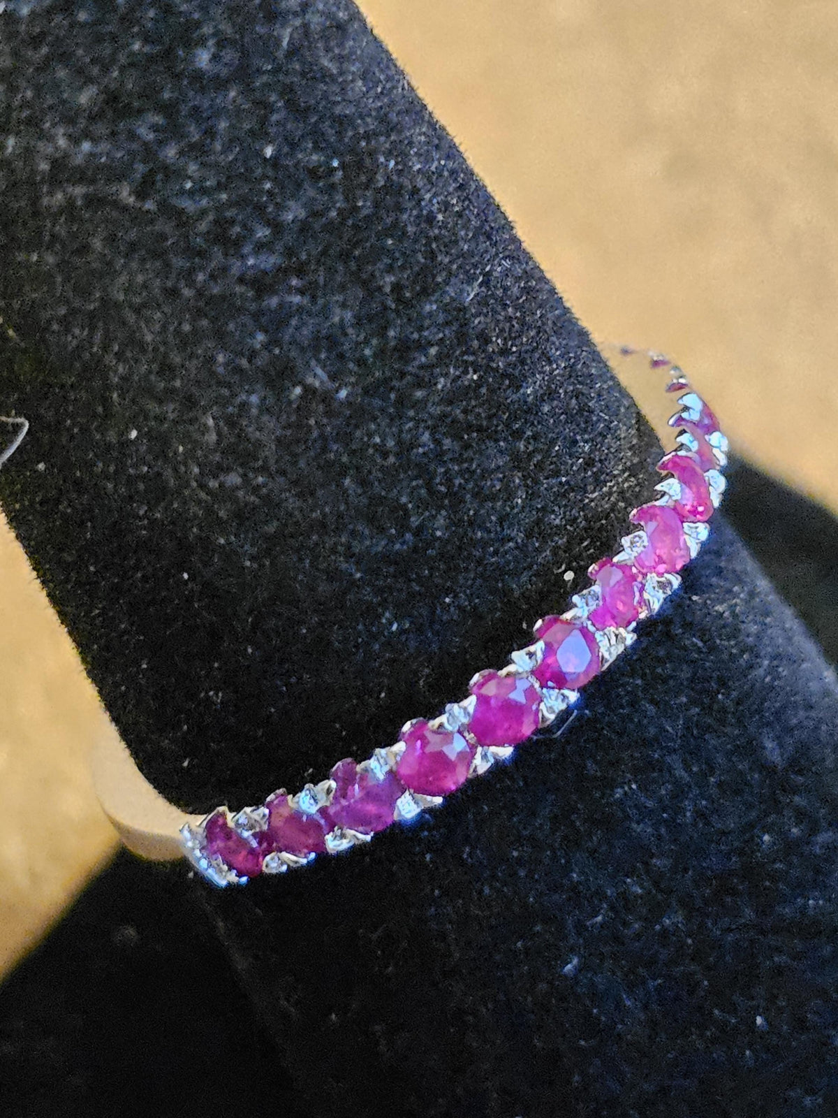 Natural Ruby Ring size 6, 7, 8, and 9 in New Sterling Silver Half Eternity style 1.7 mm Round cut stones that glow Pink under Black/UV light