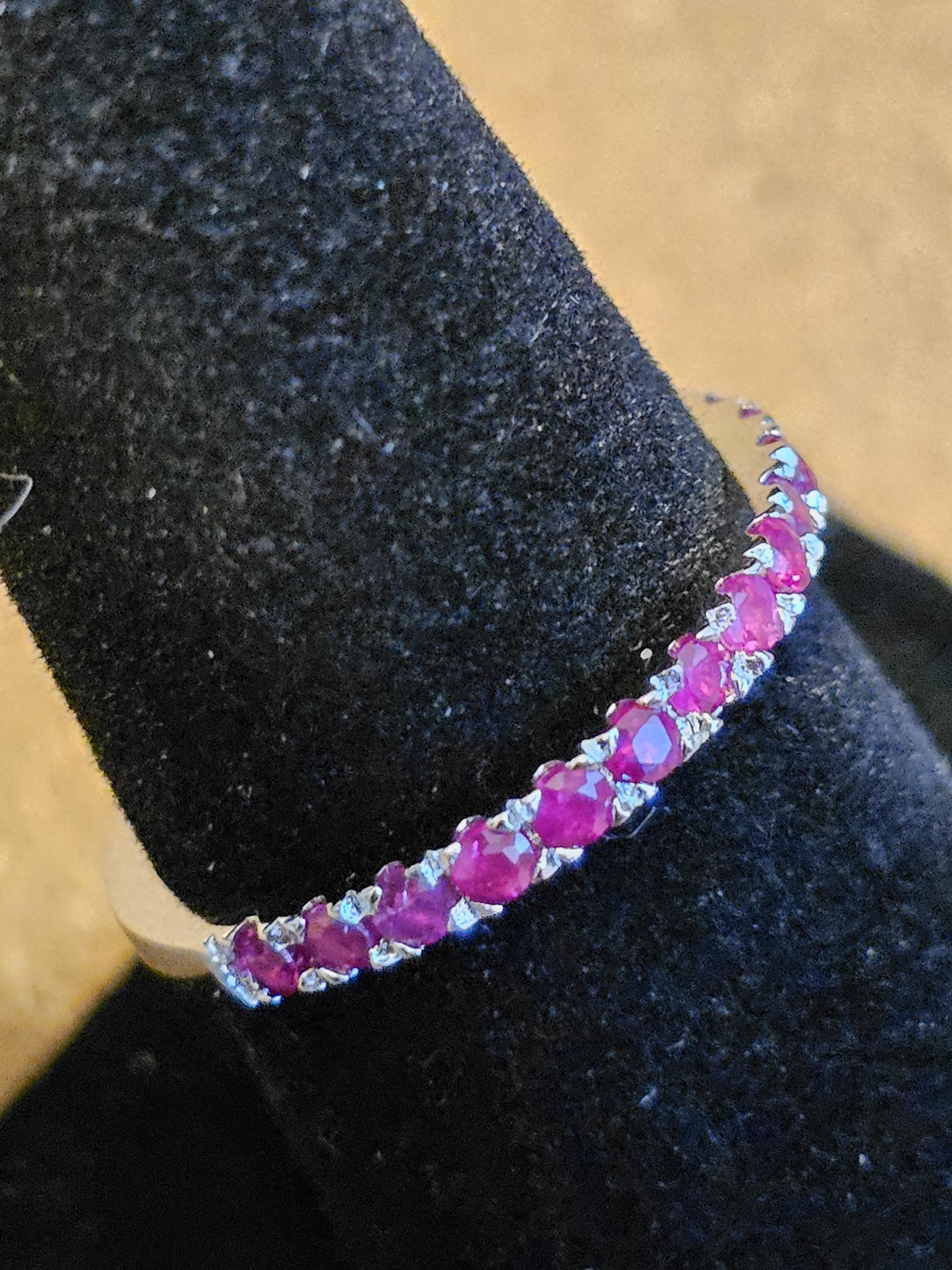 Natural Ruby Ring size 6, 7, 8, and 9 in New Sterling Silver Half Eternity style 2 mm Round cut stones that glow Pink under Black/UV light