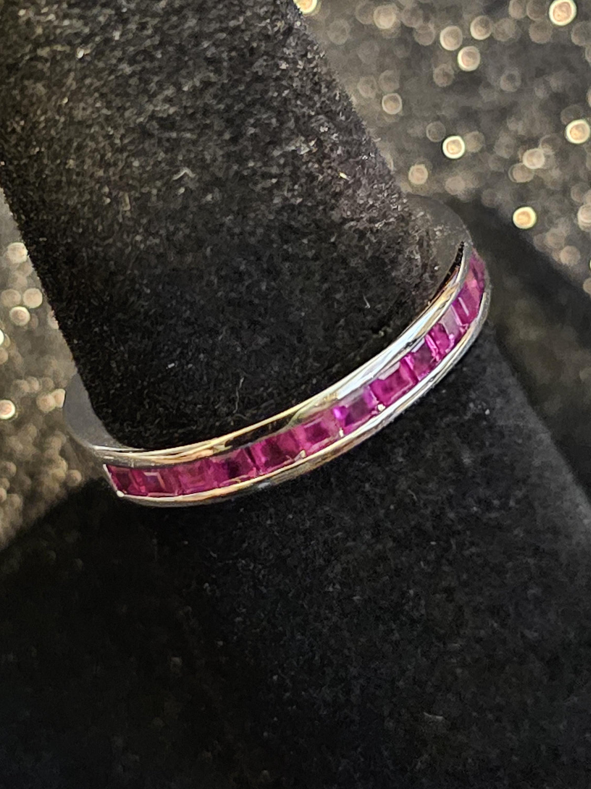 Natural Ruby Ring size 6, 7, 8, and 9 in New Sterling Silver Half Eternity style 2 mm Square cut stones that glow Pink under Black/UV light