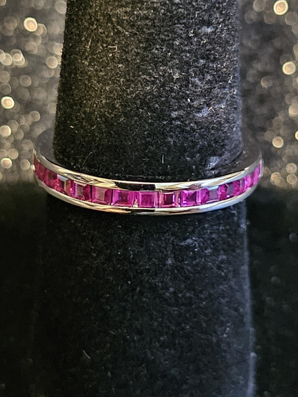 Natural Ruby Ring size 6, 7, 8, and 9 in New Sterling Silver Half Eternity style 2 mm Square cut stones that glow Pink under Black/UV light