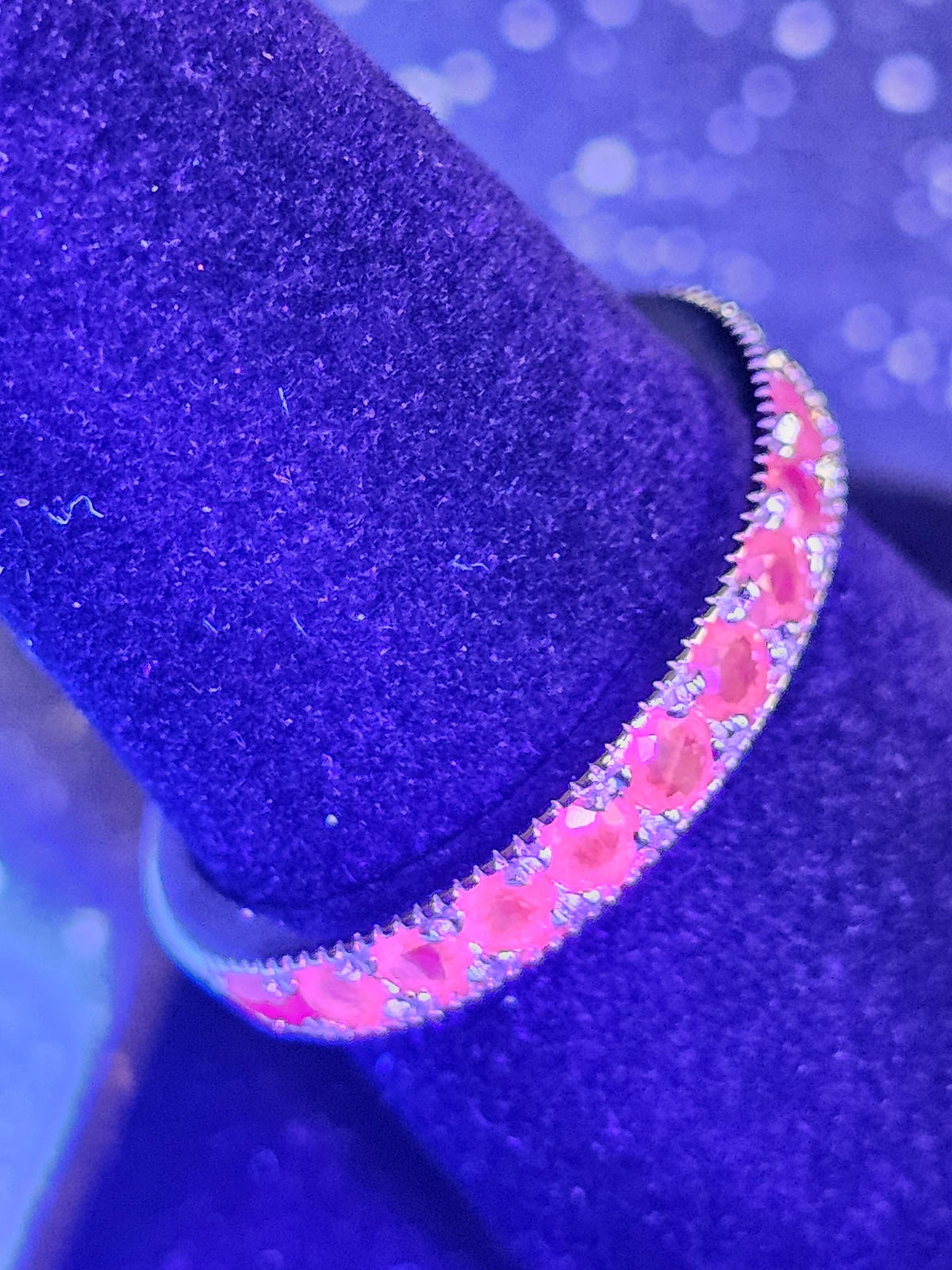 Natural Ruby Ring size 6, 7, 8, and 9 in New Sterling Silver Half Eternity style 2.5 mm Round cut stones that glow Pink under Black/UV light