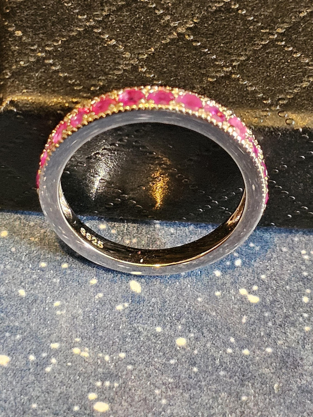 Natural Ruby Ring size 6, 7, 8, and 9 in New Sterling Silver Half Eternity style 2.5 mm Round cut stones that glow Pink under Black/UV light