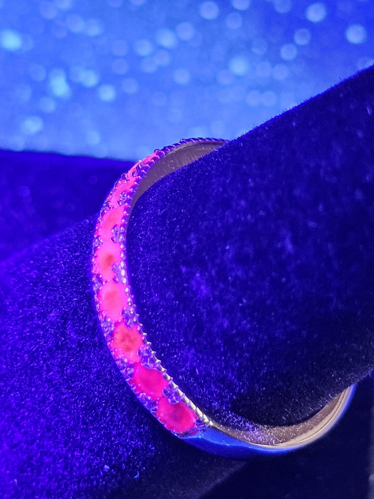 Natural Ruby Ring size 6, 7, 8, and 9 in New Sterling Silver Half Eternity style 2.5 mm Round cut stones that glow Pink under Black/UV light