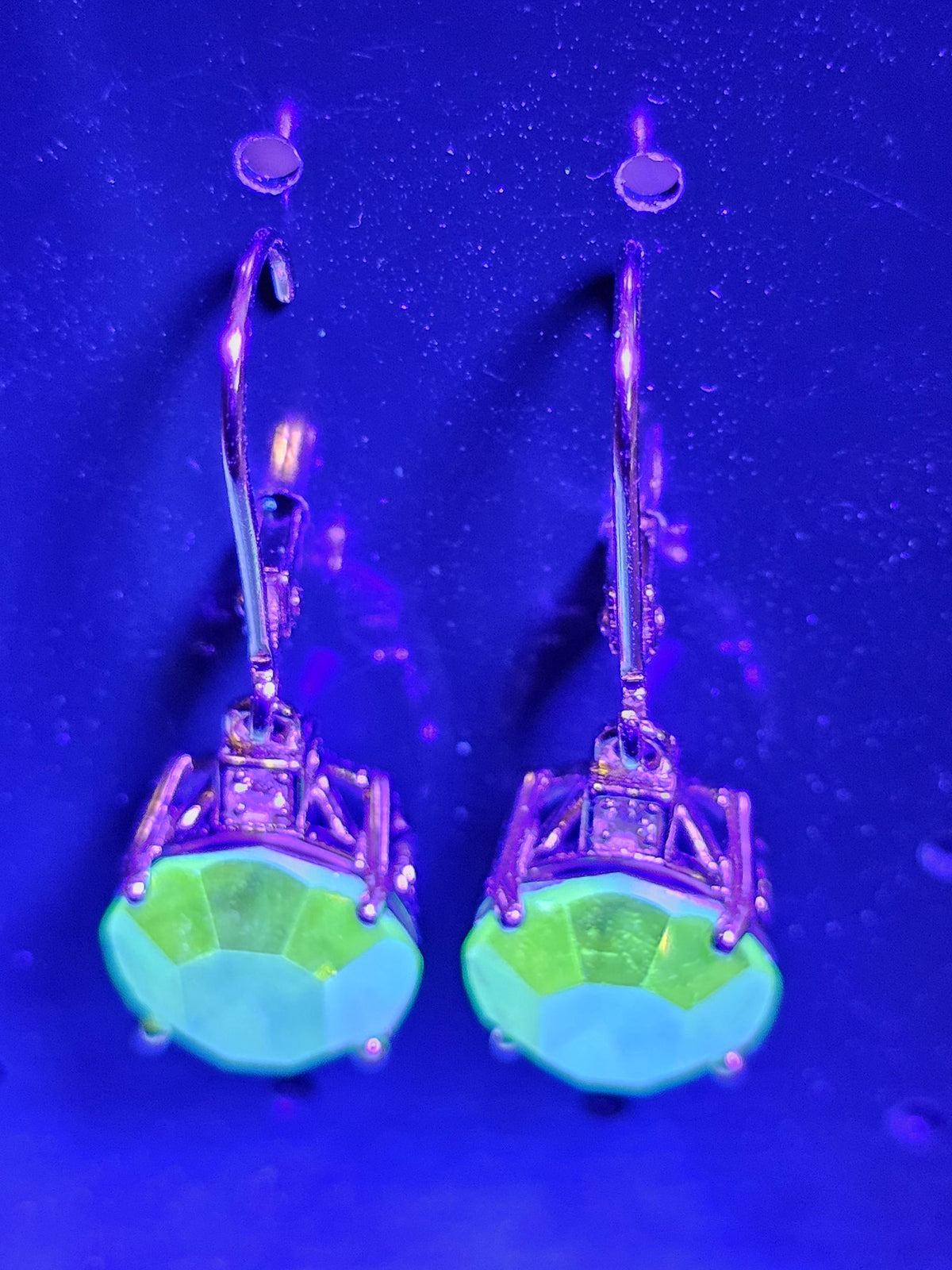 Uranium Glass Leverback Earrings in Sterling Silver with Vintage Oval cut 12x10mm AB Uranium Glass stones, that glow under black/UV light